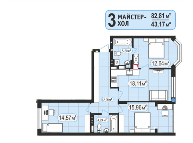 ЖК 7я: планировка 3-комнатной квартиры 83.7 м²