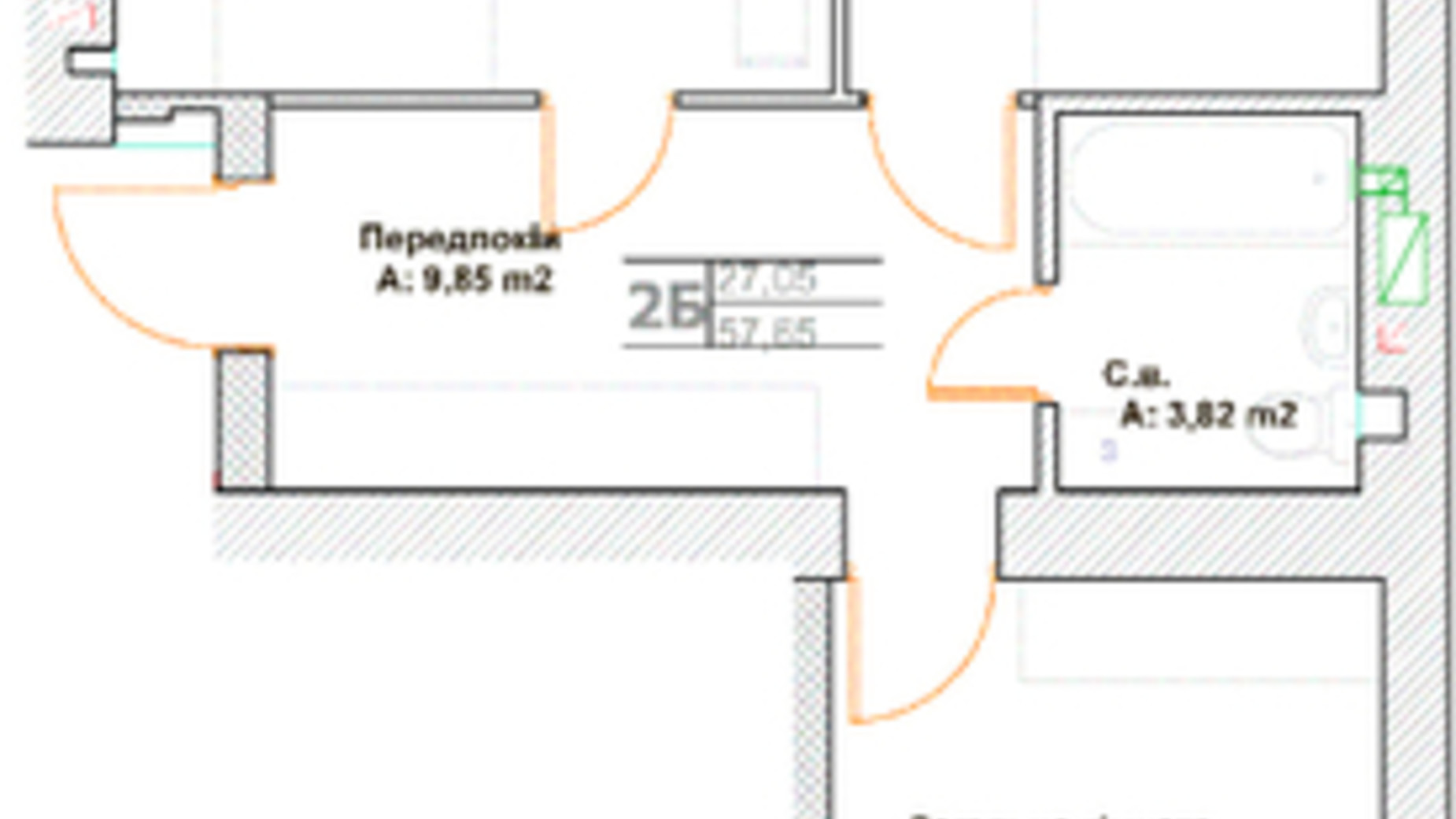 Планування 2-кімнатної квартири в ЖК Фортуна 57.65 м², фото 94058