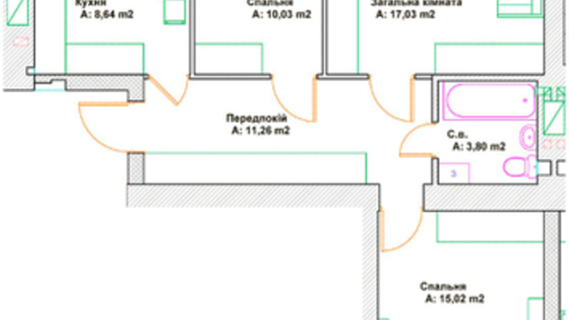 Планування 3-кімнатної квартири в ЖК Фортуна 71.7 м², фото 94062