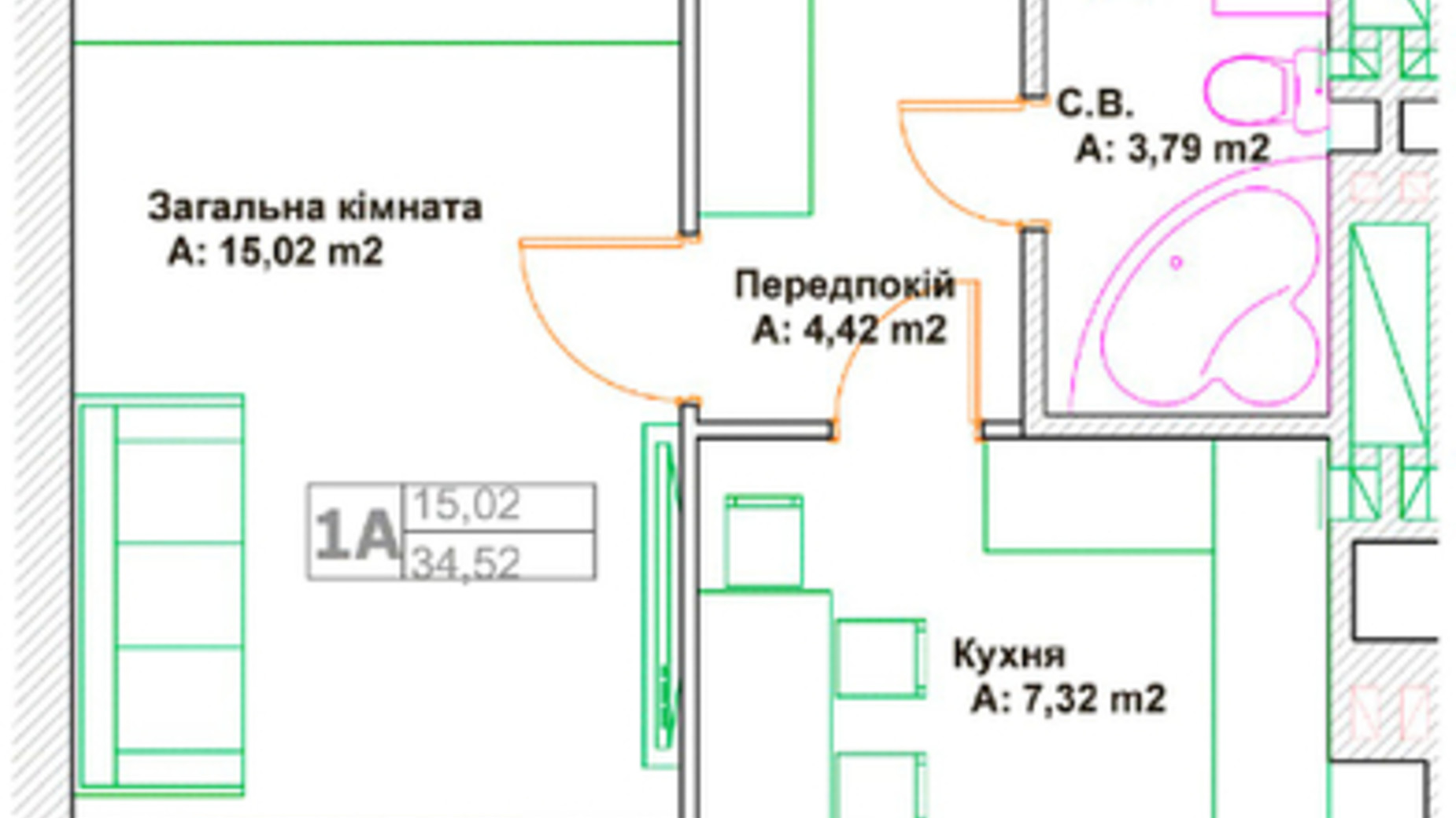 Планування 1-кімнатної квартири в ЖК Фортуна 34.52 м², фото 94063