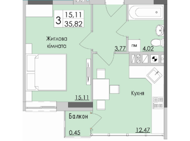 ЖК Boulevard: планування 1-кімнатної квартири 35.82 м²