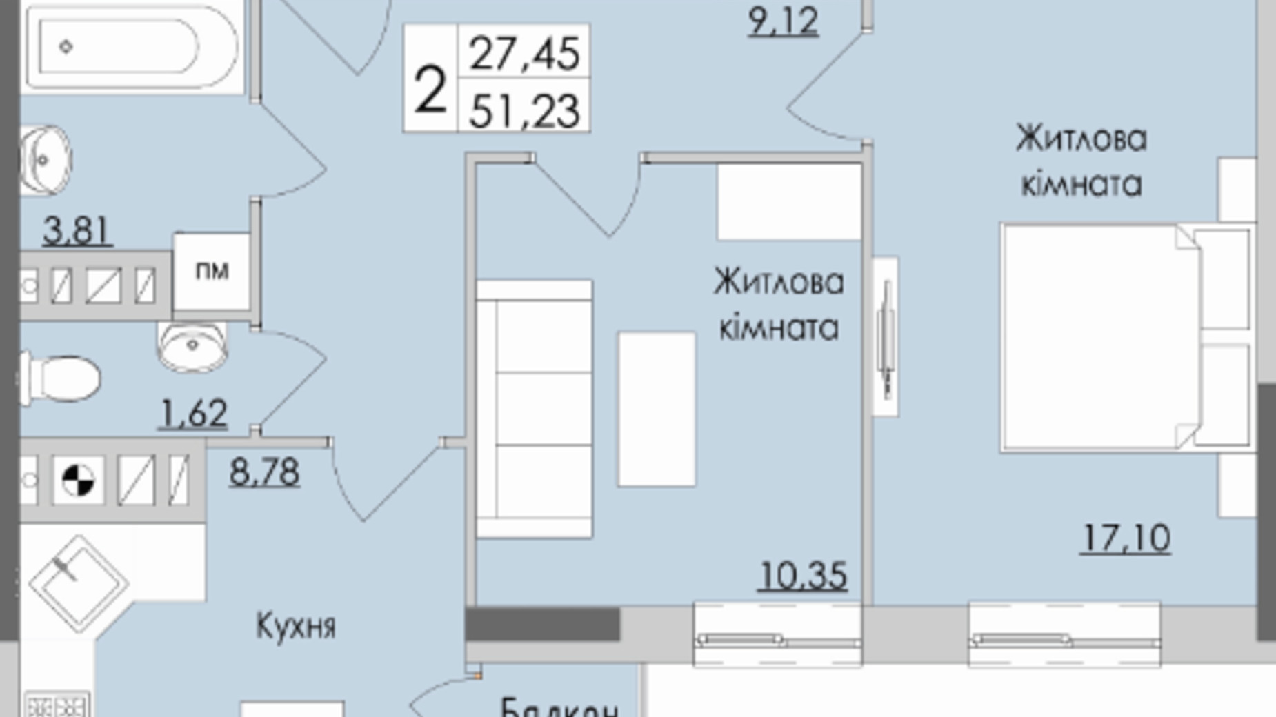 Планування 2-кімнатної квартири в ЖК Boulevard 51.23 м², фото 94126