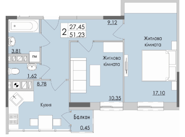 ЖК Boulevard: планировка 2-комнатной квартиры 51.23 м²
