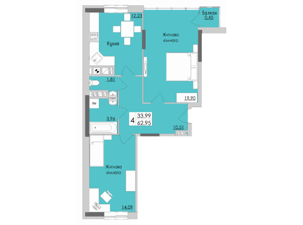 ЖК Boulevard: планування 2-кімнатної квартири 62.95 м²