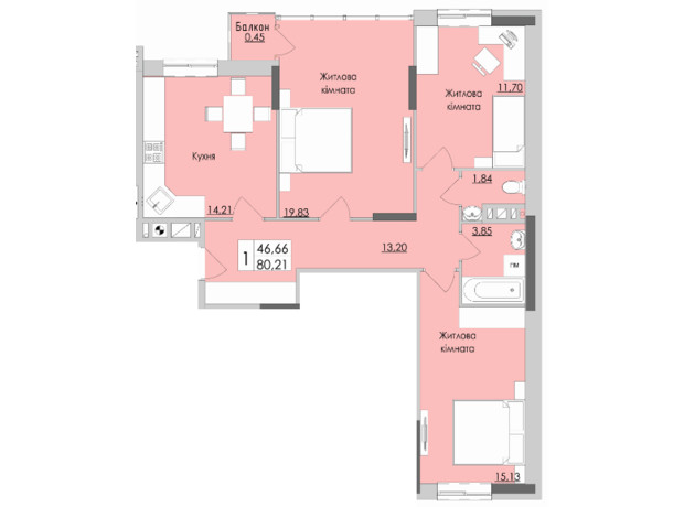 ЖК Boulevard: планування 3-кімнатної квартири 80.21 м²