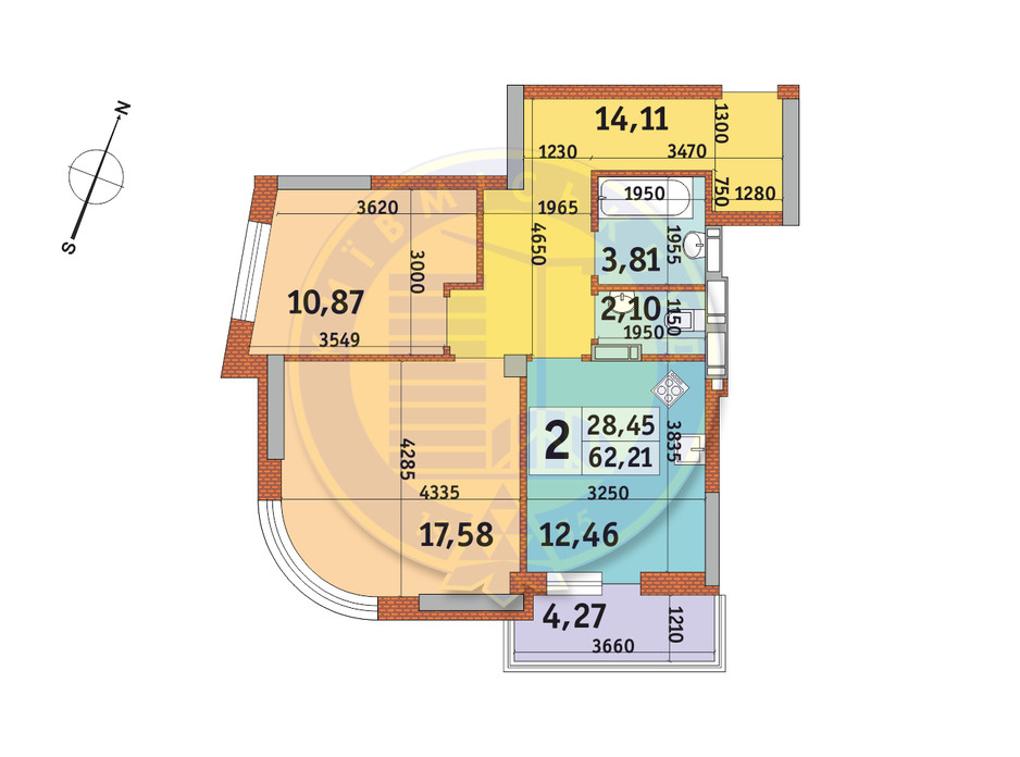Планировка 2-комнатной квартиры в ЖК Урловский-2 62.21 м², фото 94790 Планировка 2-комнатной квартиры в ЖК Урловский-2 62.21 м², фото 94790
