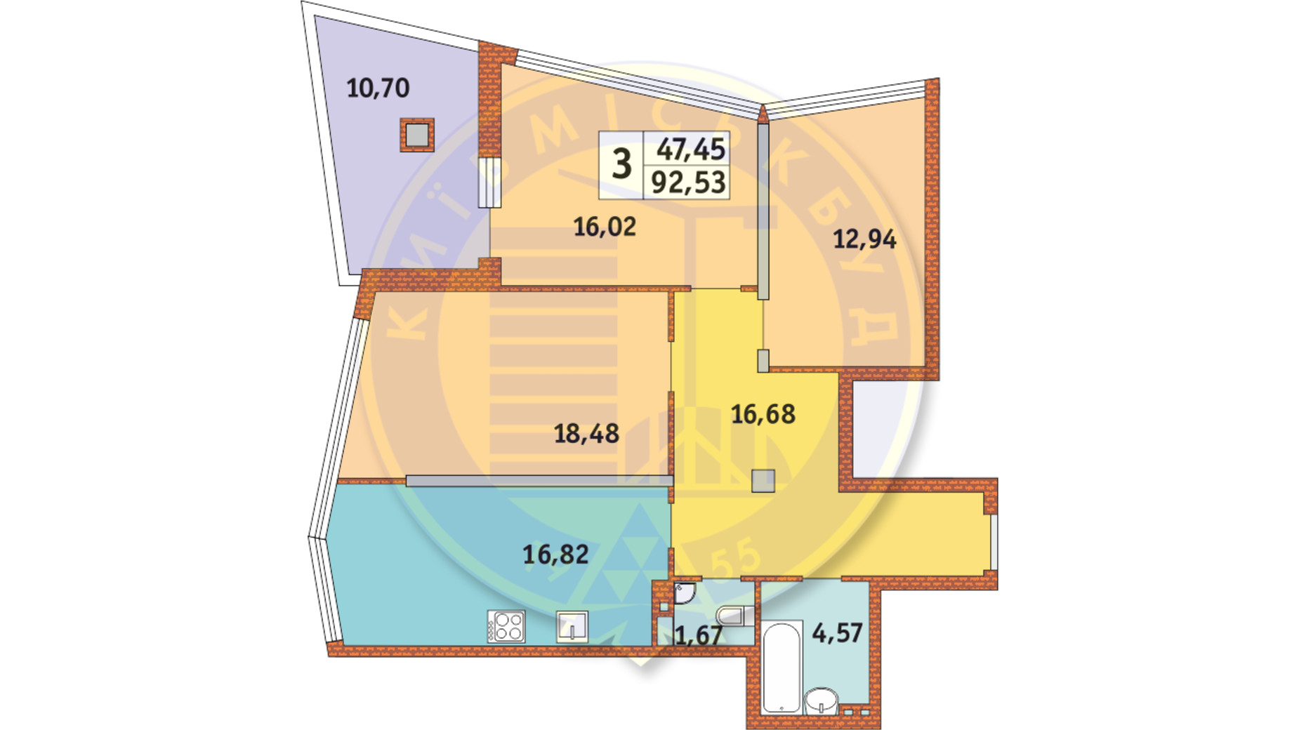 Планування 3-кімнатної квартири в ЖК Costa Fontana 92.53 м², фото 96110