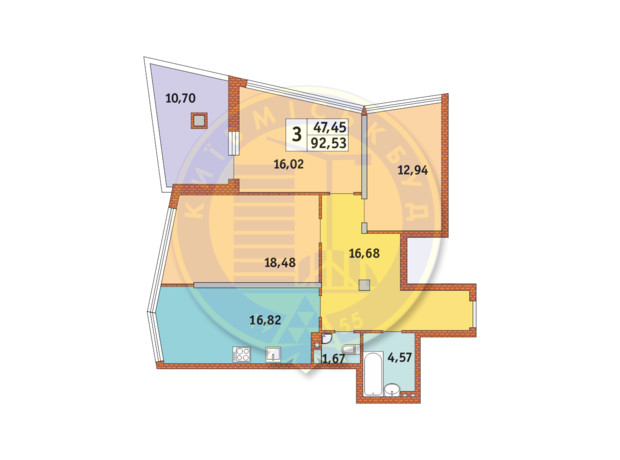 ЖК Costa Fontana: планировка 3-комнатной квартиры 92.53 м²