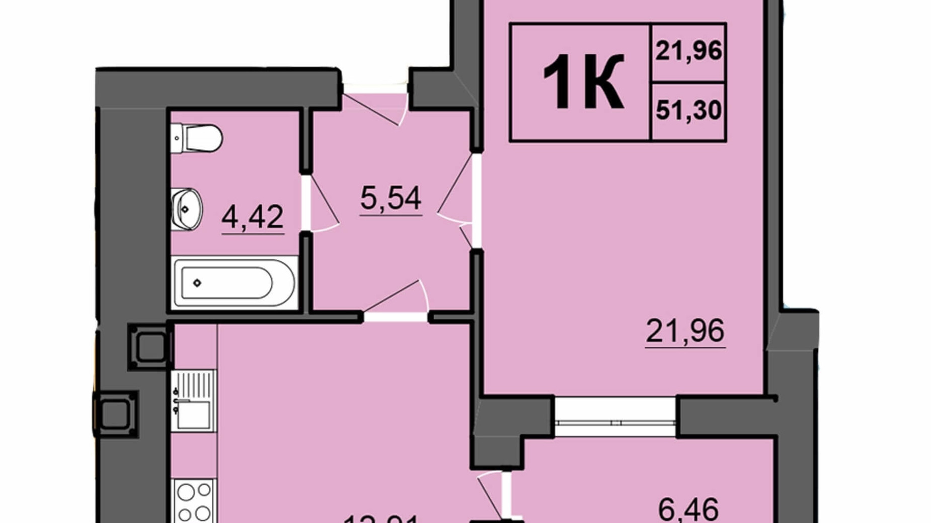 Планировка 1-комнатной квартиры в ЖК Europa Haus 51.3 м², фото 97298