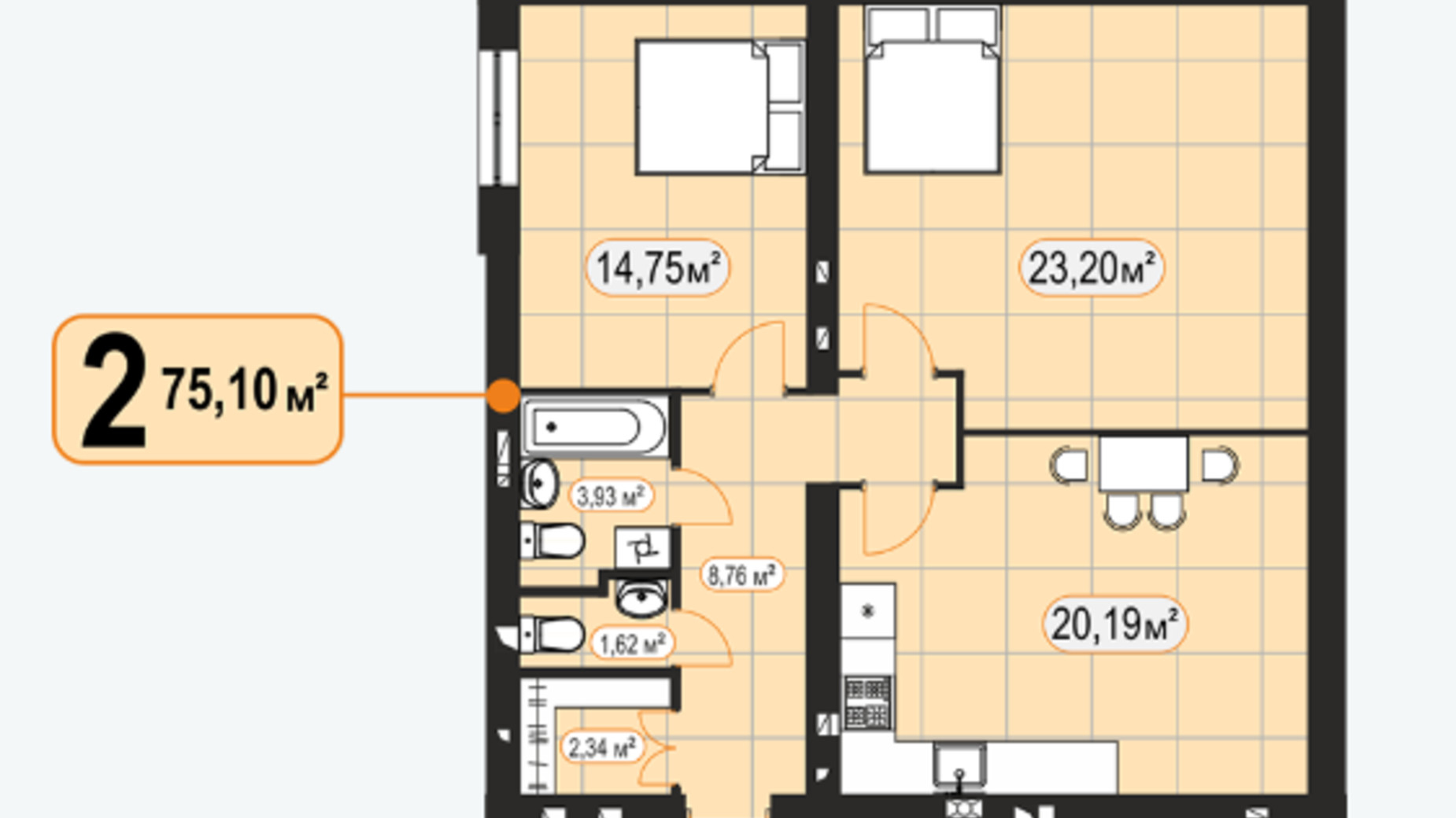Планировка 2-комнатной квартиры в ЖК Баск&Вилль 75.1 м², фото 99377