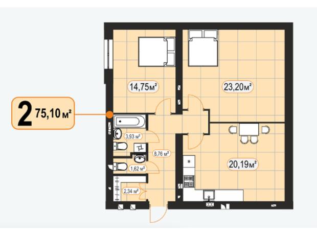 ЖК Баск&Вилль: планировка 2-комнатной квартиры 75.1 м²