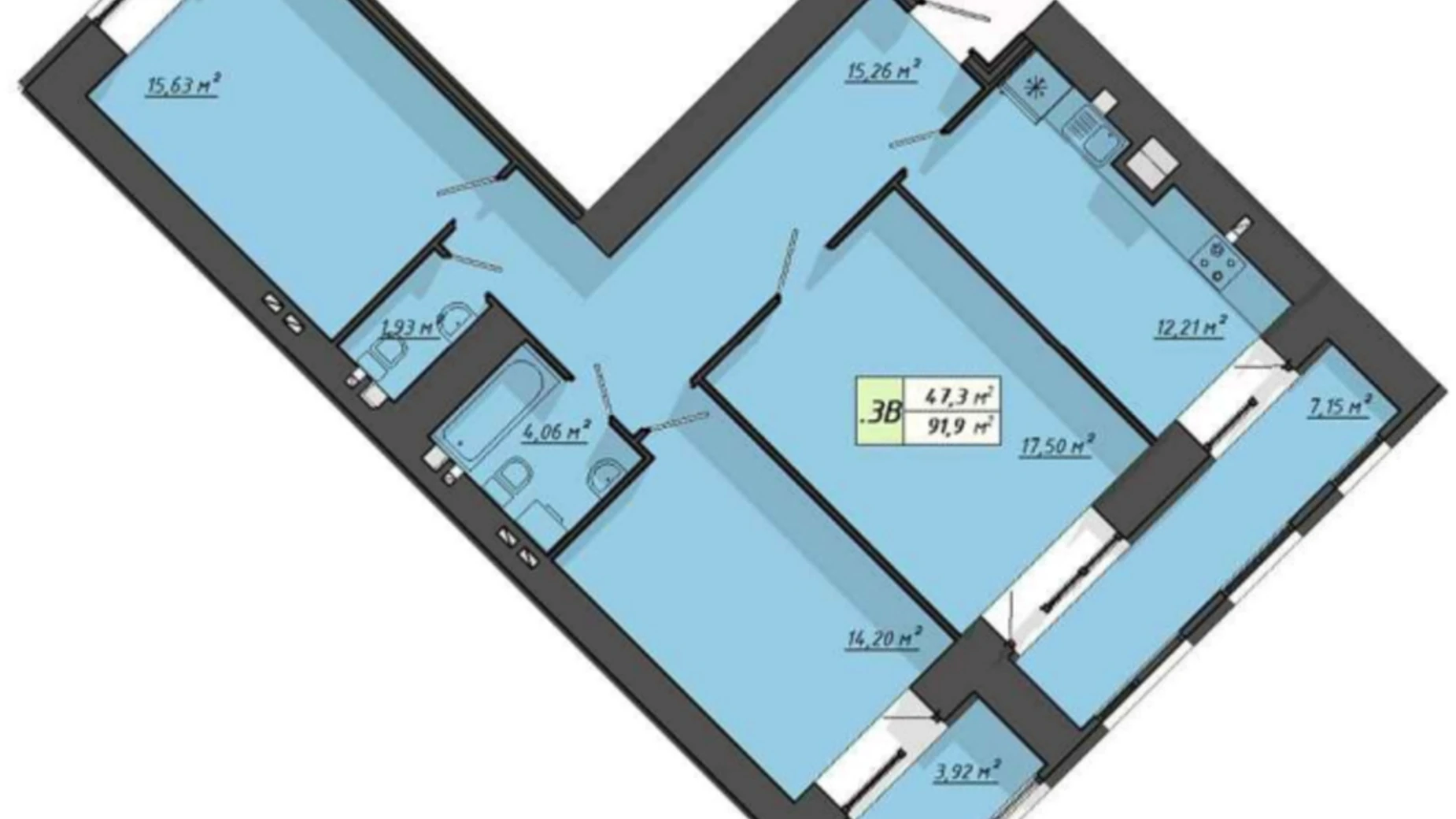 3-комнатная квартира 91.9 кв. м в Тернополе, ул. Львовская, 29 - фото 2