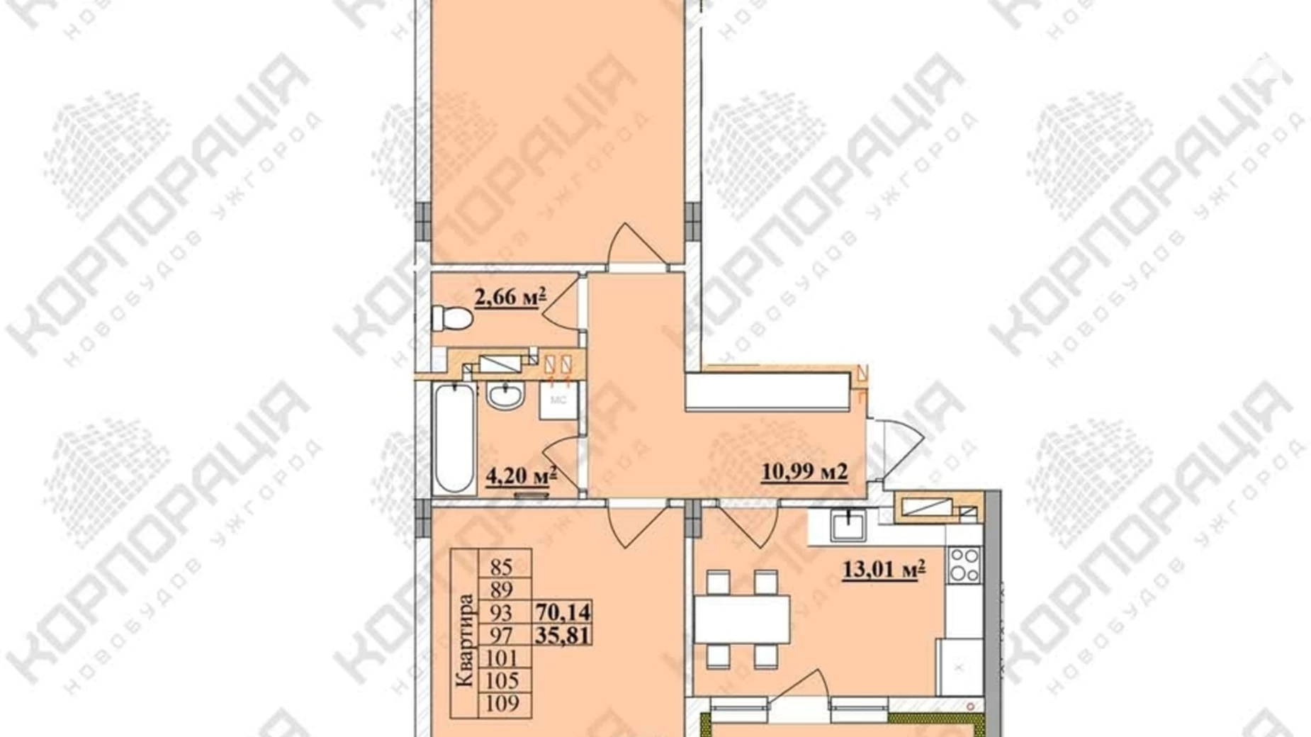 Продається 2-кімнатна квартира 70.14 кв. м у Ужгороді, вул. Капушанська - фото 2