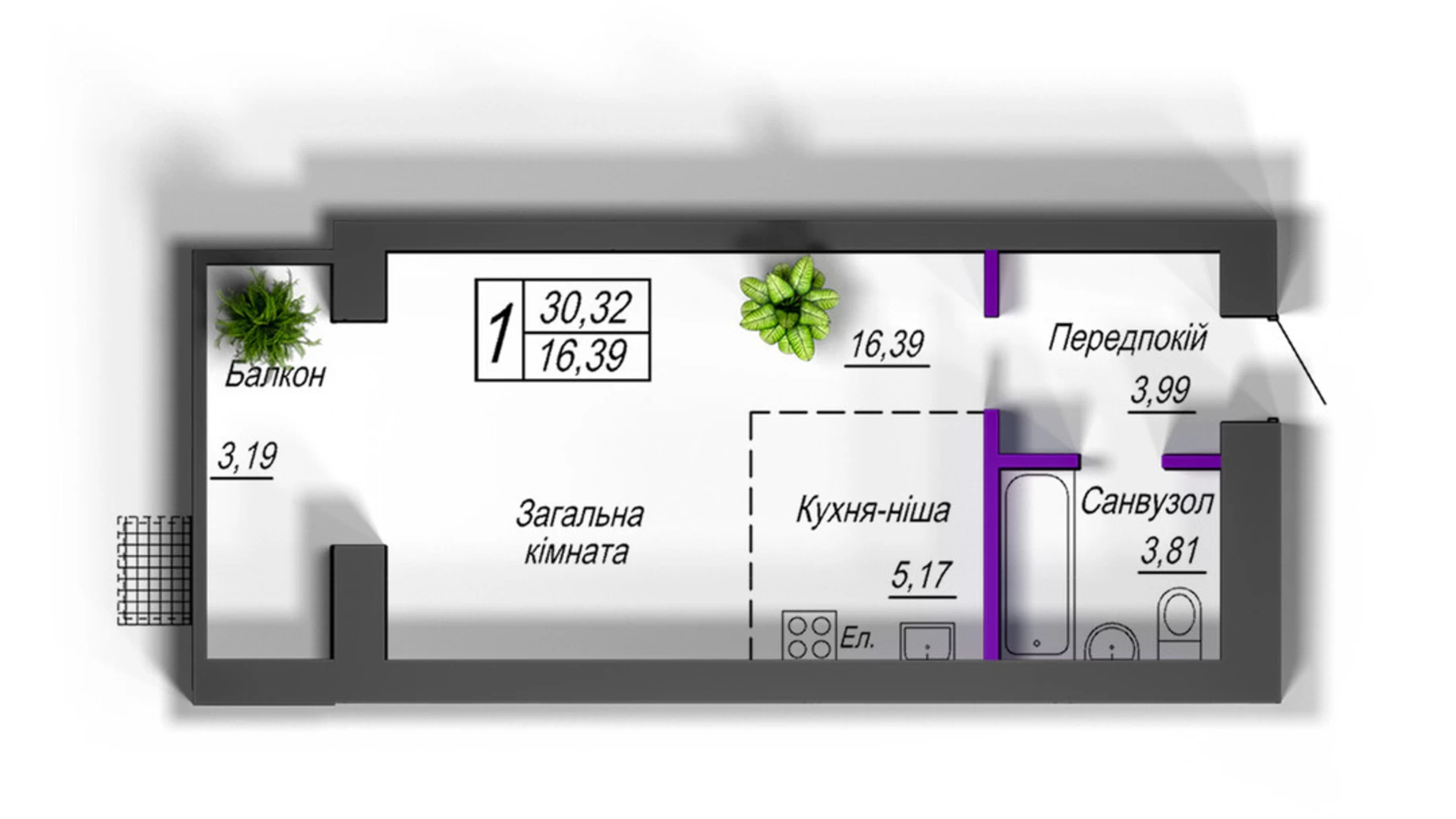 Продается 1-комнатная квартира 30.32 кв. м в Житомире