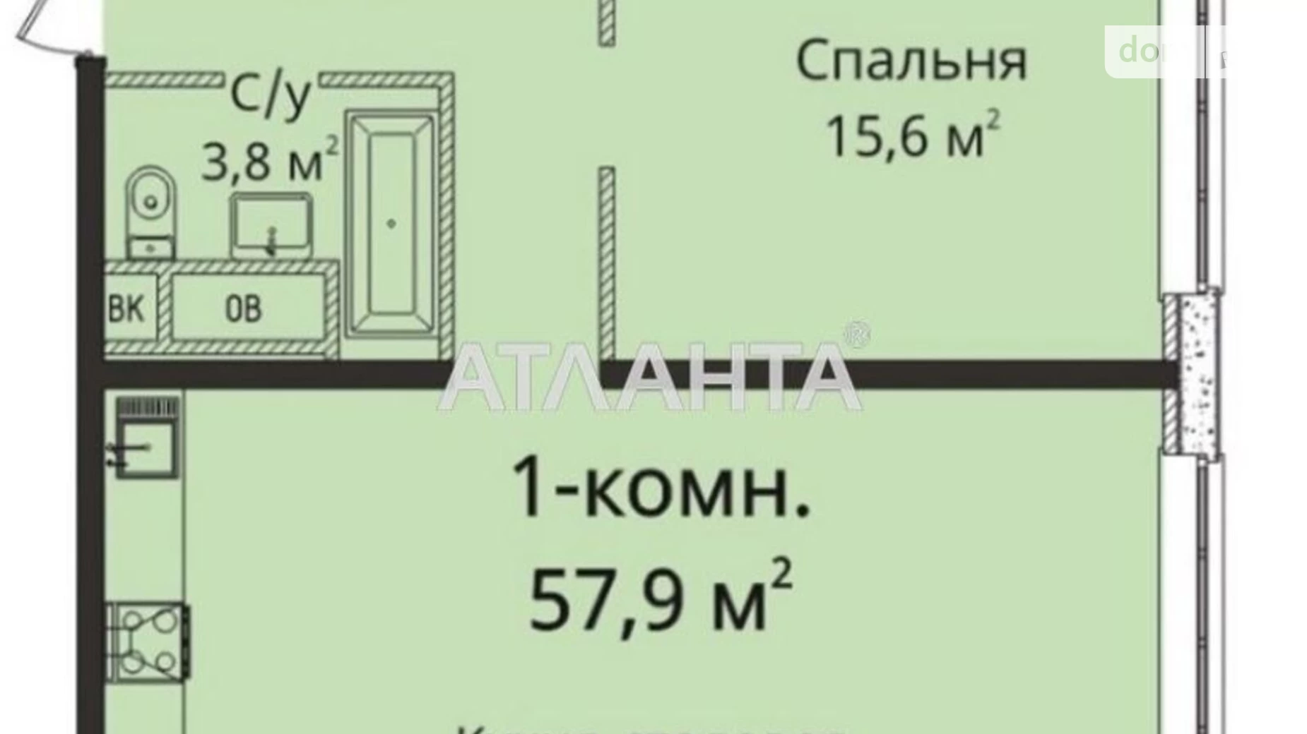 Продається 1-кімнатна квартира 57.9 кв. м у Одесі, плато Гагарінське