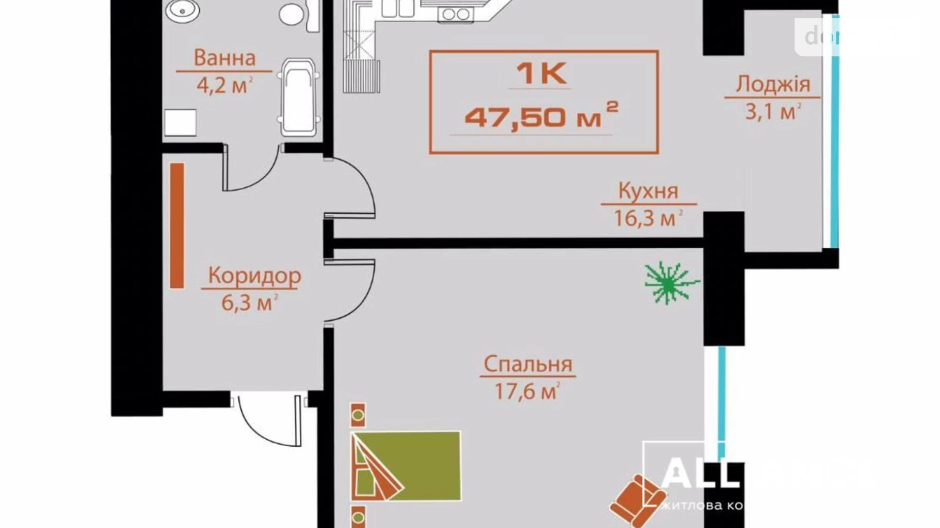 Продается 1-комнатная квартира 47.5 кв. м в Ивано-Франковске, ул. Железнодорожная