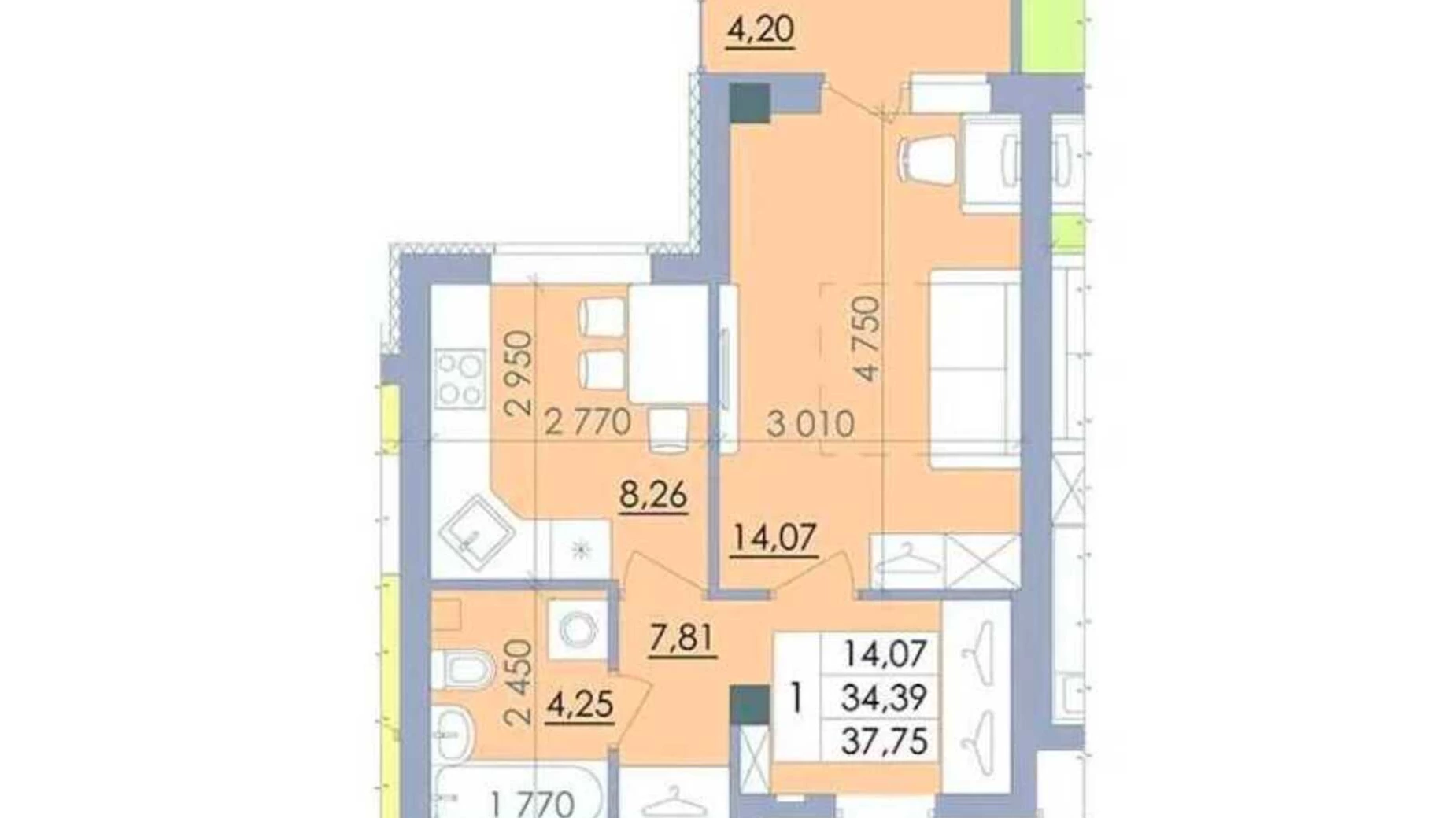 Продается 1-комнатная квартира 38 кв. м в Полтаве, ул. Башкирцевой Марии, 20