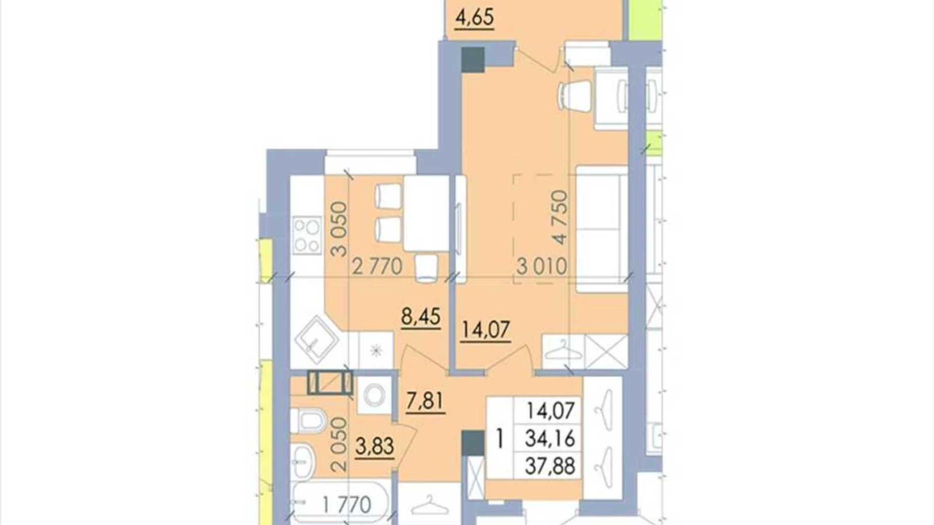 Продається 1-кімнатна квартира 39 кв. м у Полтаві, вул. Башкирцевої Марії