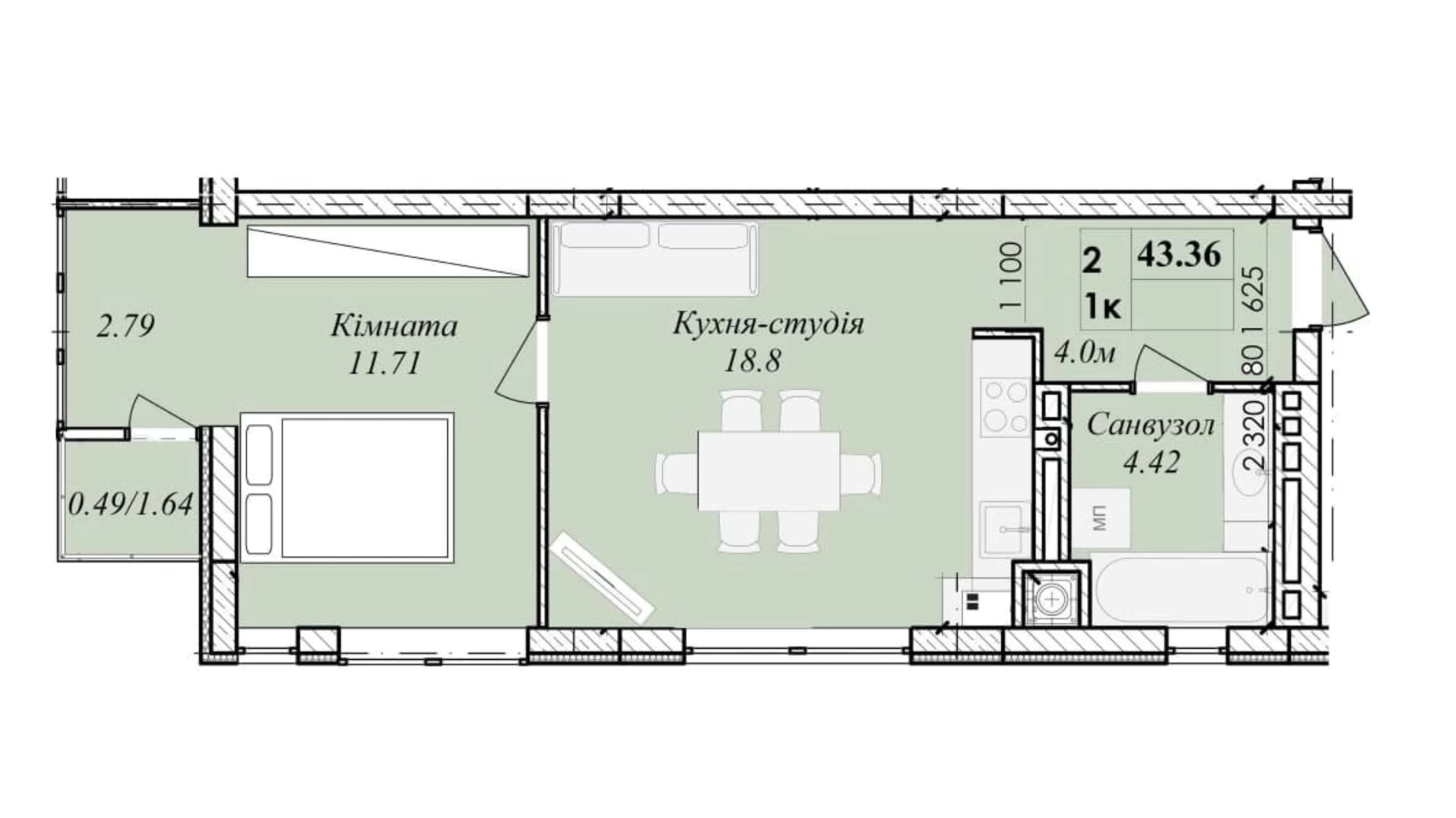 1-кімнатна квартира 43.36 кв. м у Тернополі, вул. Сахарова Андрія Академіка