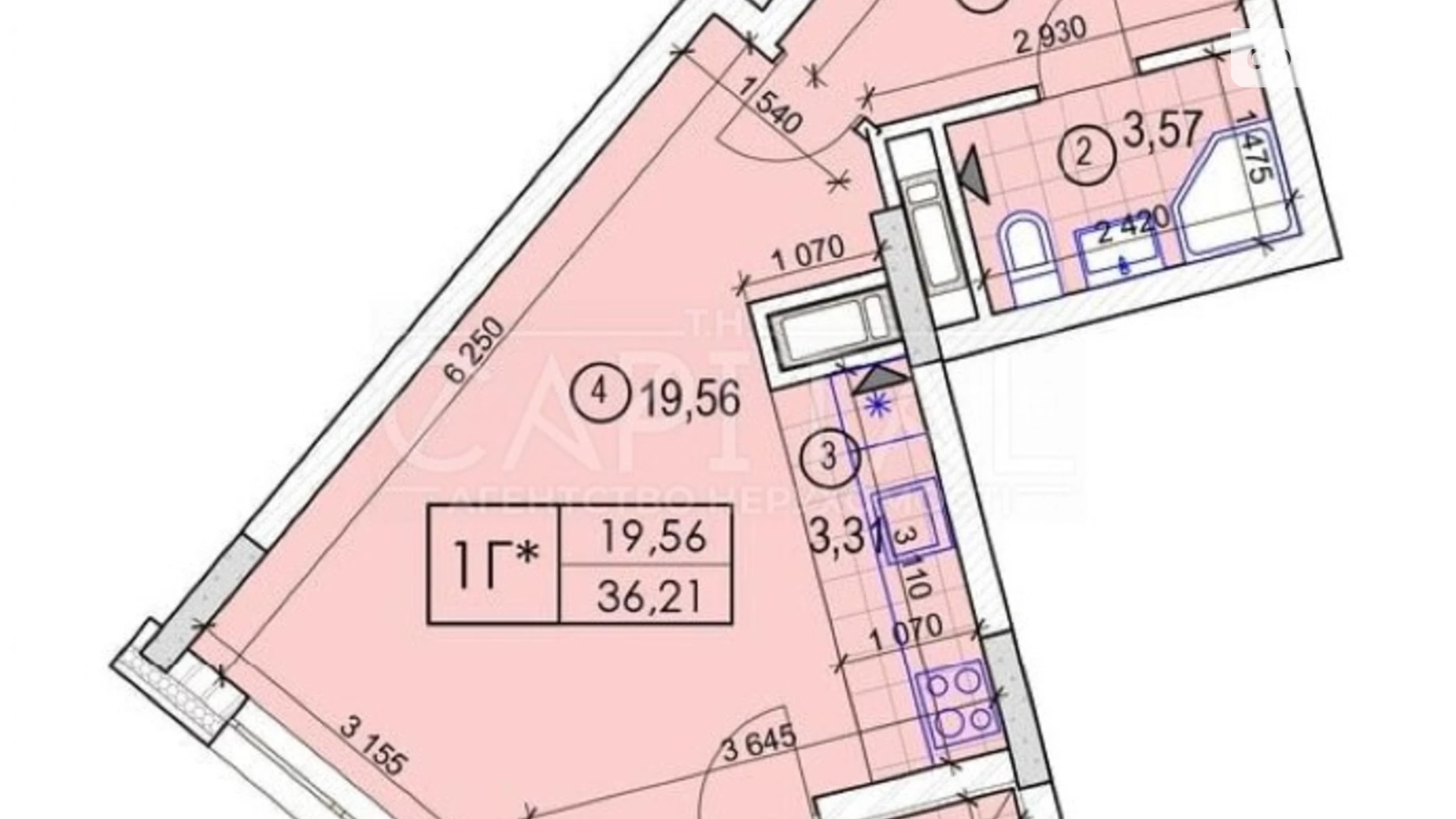 Продається 1-кімнатна квартира 36.21 кв. м у Києві, вул. Ломоносова