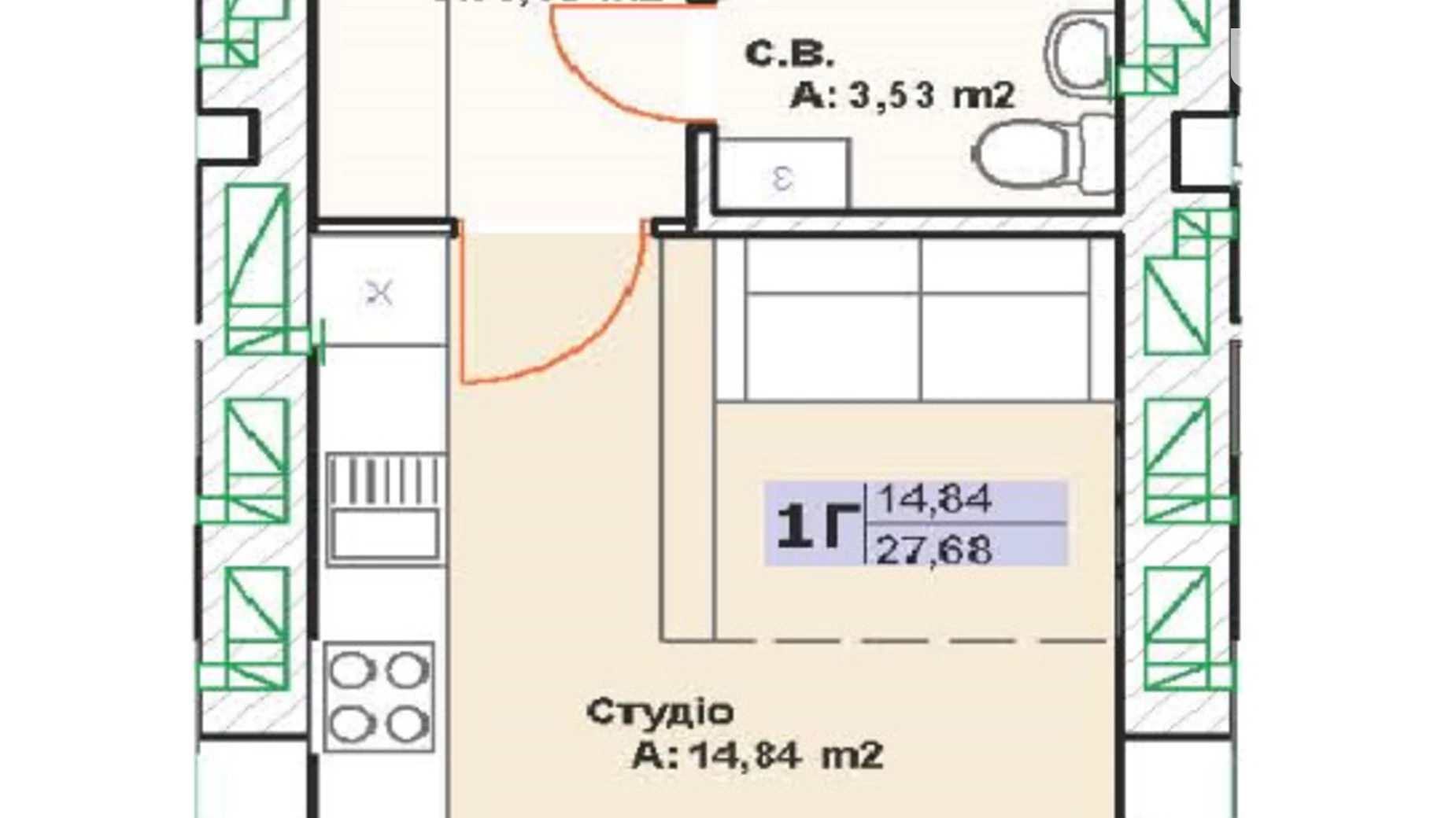 Продается 1-комнатная квартира 28.14 кв. м в Буче, бул. Леонида Бирюкова, 7