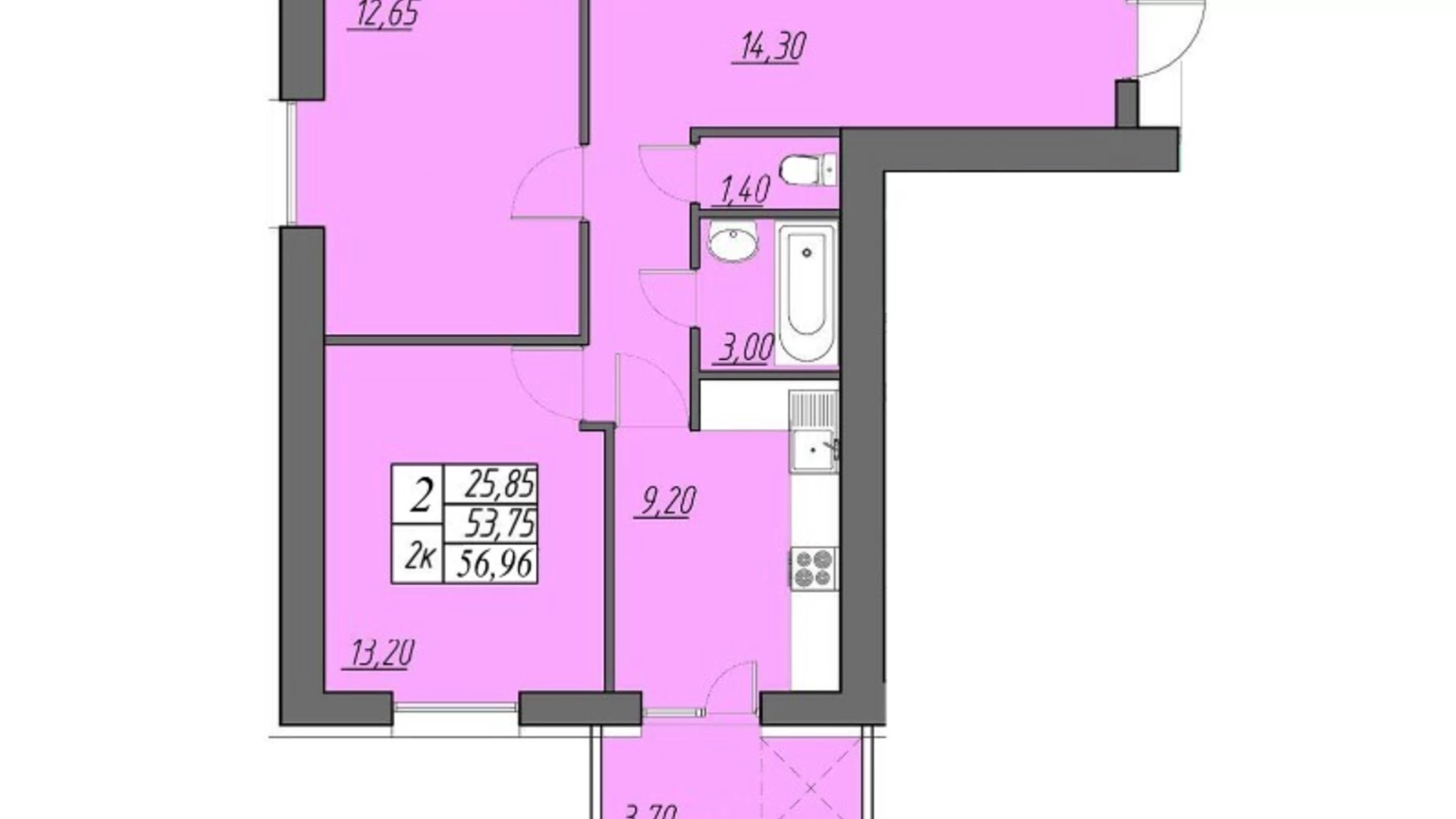 2-комнатная квартира 56.96 кв. м в Тернополе, ул. Солнечная - фото 3