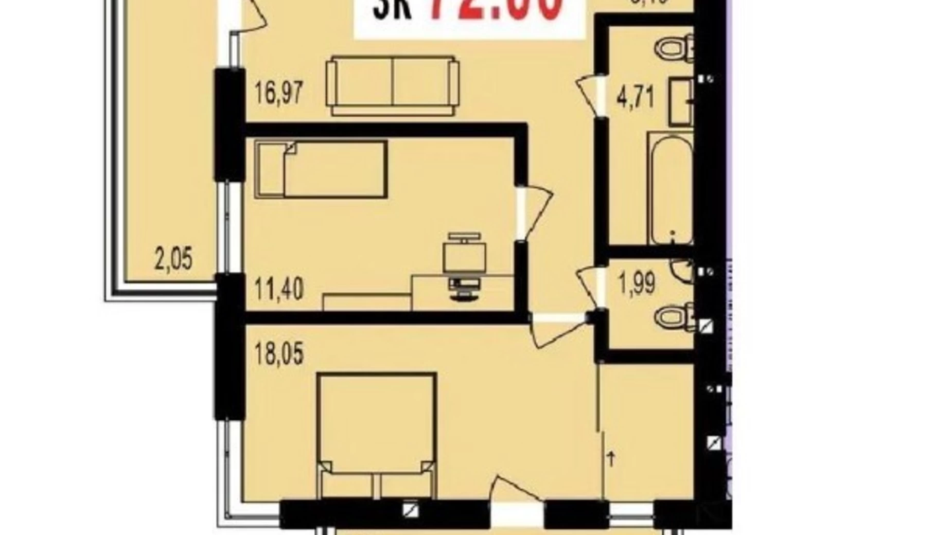 Продается 3-комнатная квартира 72 кв. м в Криховцах