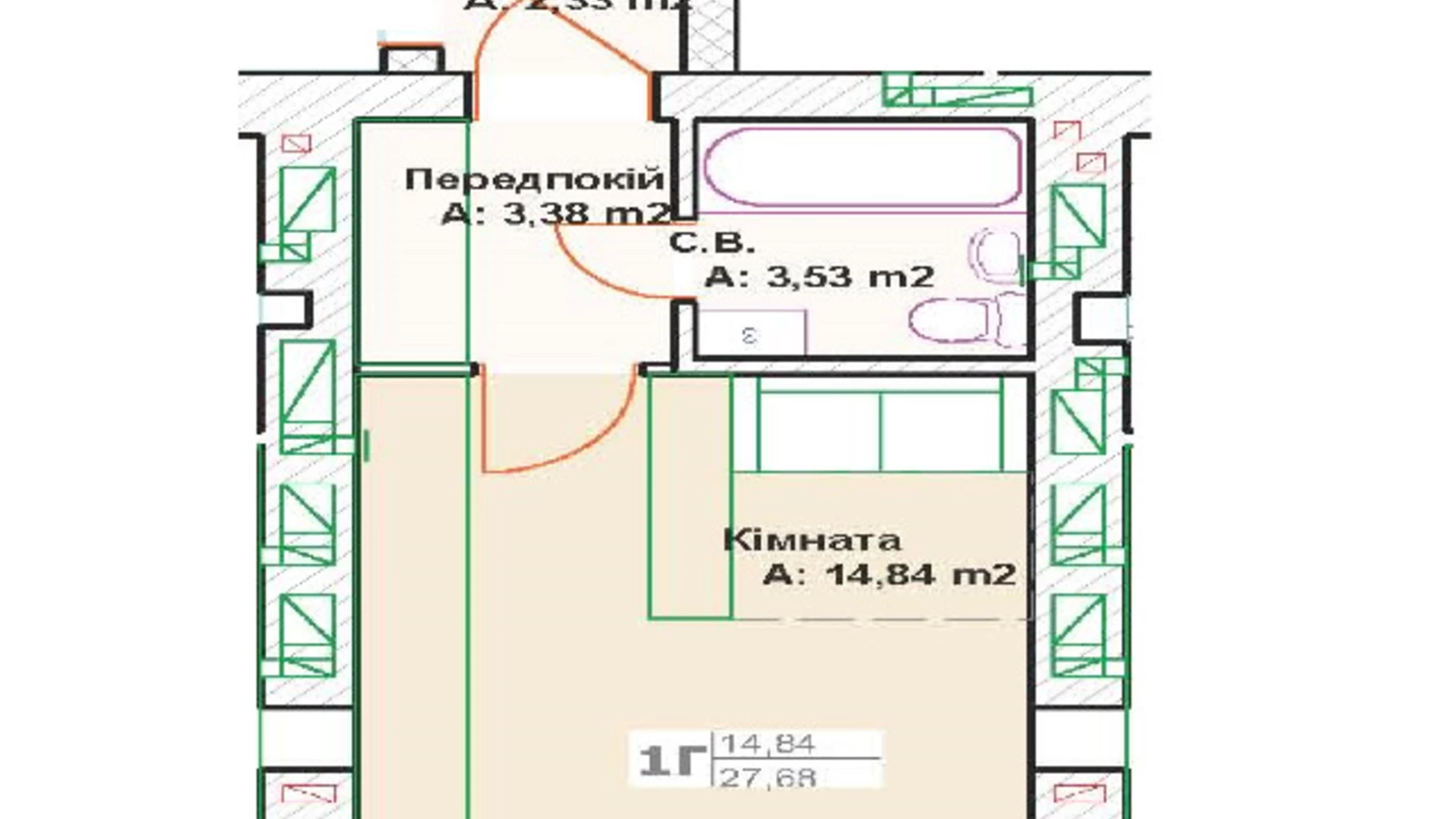 Продається 1-кімнатна квартира 28.14 кв. м у Бучі, бул. Леоніда Бірюкова