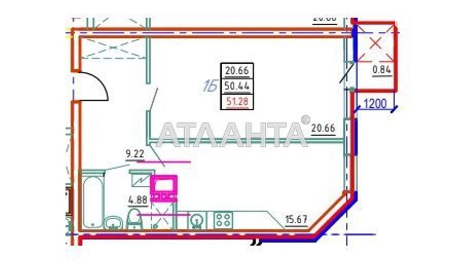 Продається 1-кімнатна квартира 51.19 кв. м у Одесі, вул. Середньофонтанська