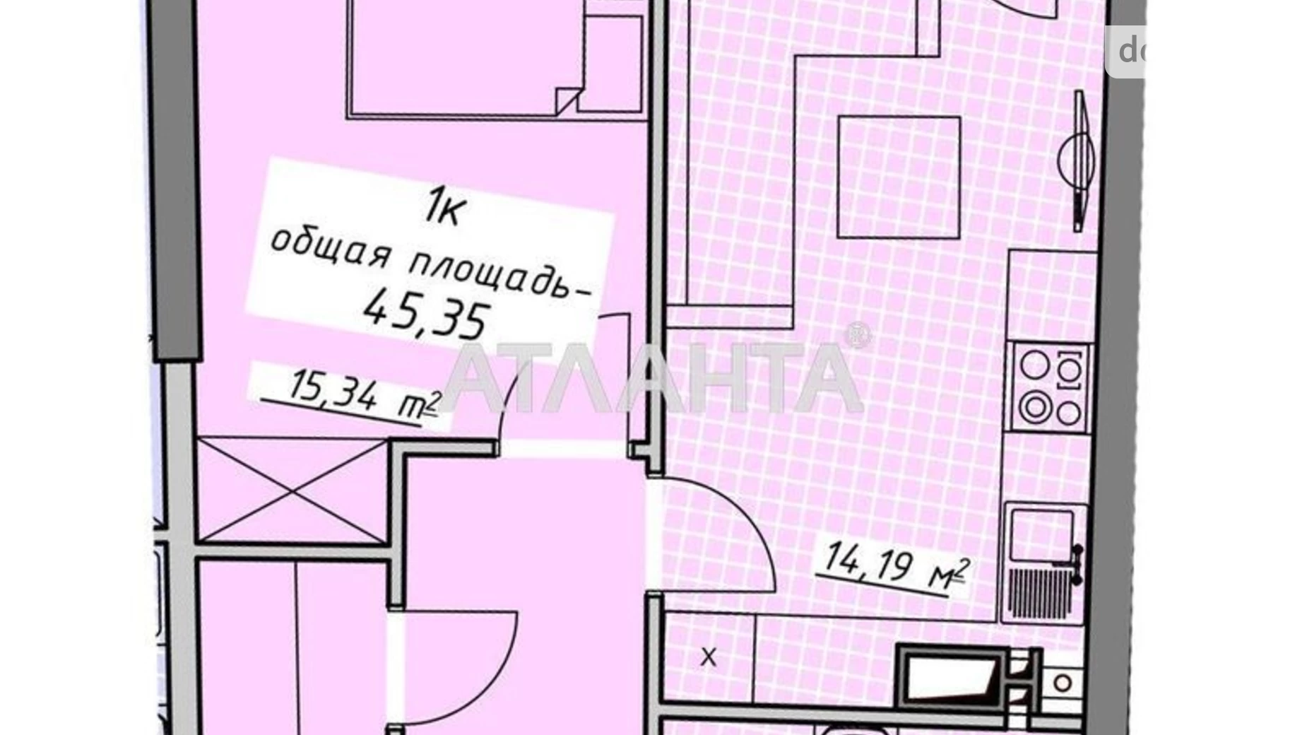 Продається 1-кімнатна квартира 44.36 кв. м у Одесі, пров. Курортний