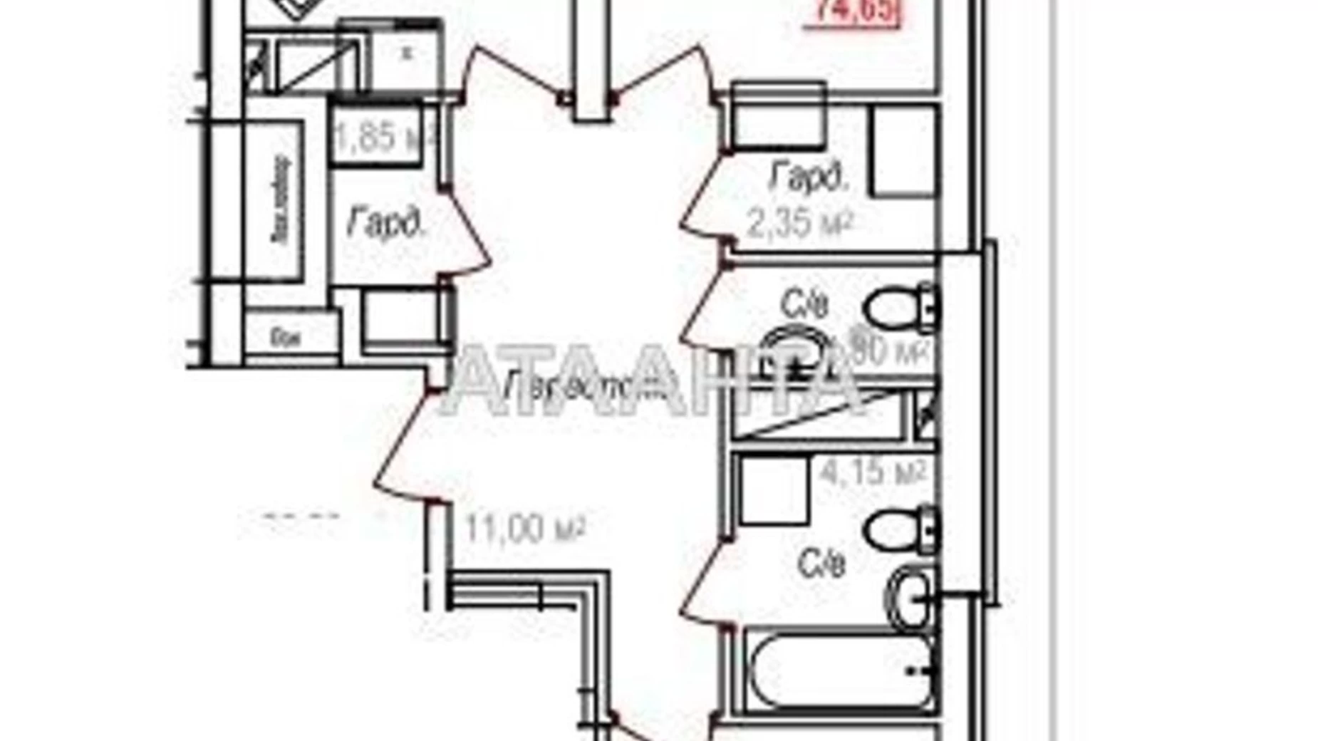 Продается 2-комнатная квартира 75.65 кв. м в Одессе, ул. Героев Крут