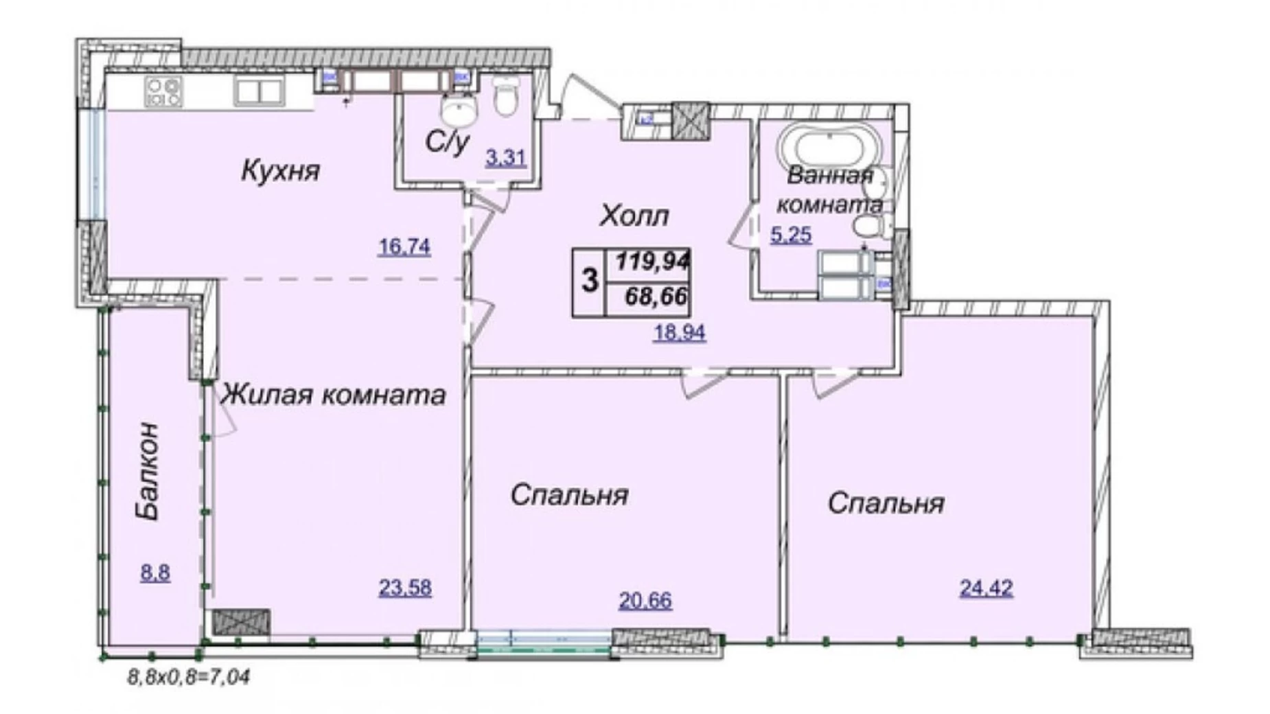 Продается 3-комнатная квартира 68.66 кв. м в Киеве, ул. Андрея Верхогляда(Драгомирова), 19Б