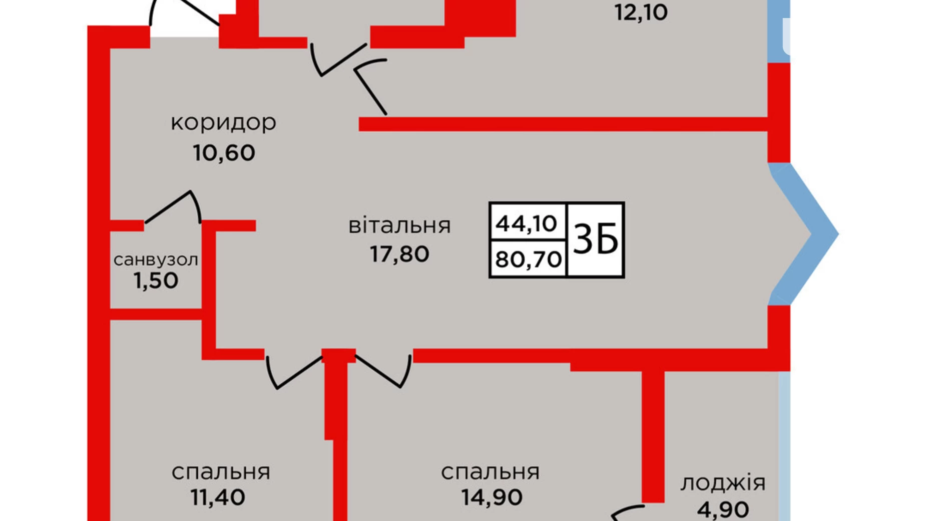 3-комнатная квартира 80.7 кв. м в Тернополе