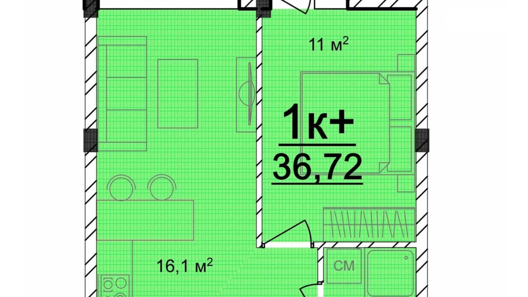 Продается 1-комнатная квартира 36.72 кв. м в Великодолинском, ул. Мариинская, 1