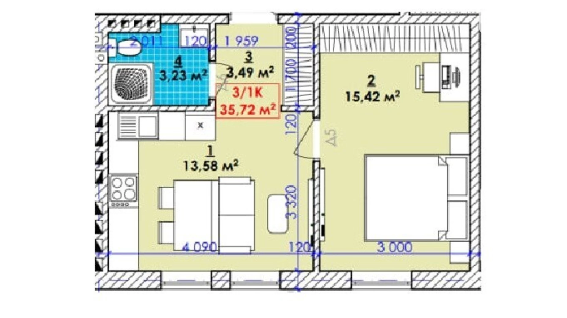 Продается 1-комнатная квартира 35.72 кв. м в Ивано-Франковске, ул. Довбуша