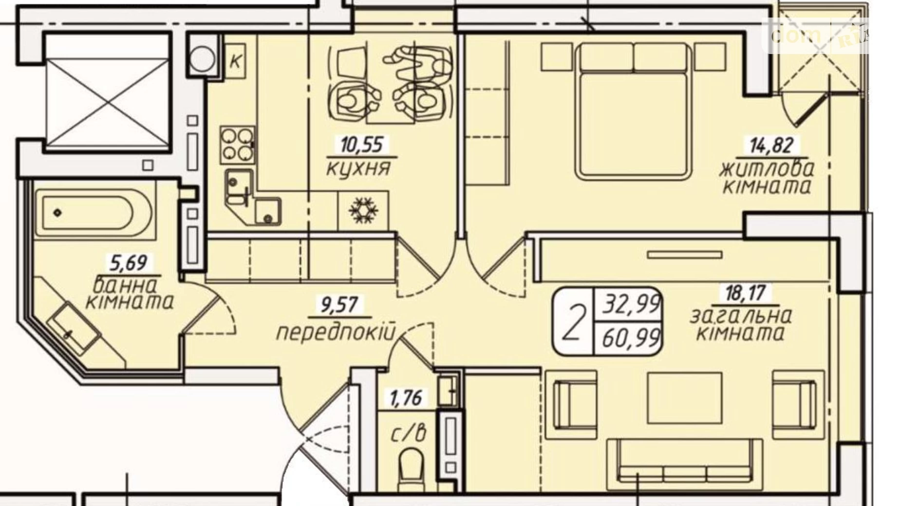 Продается 2-комнатная квартира 61 кв. м в Березиной