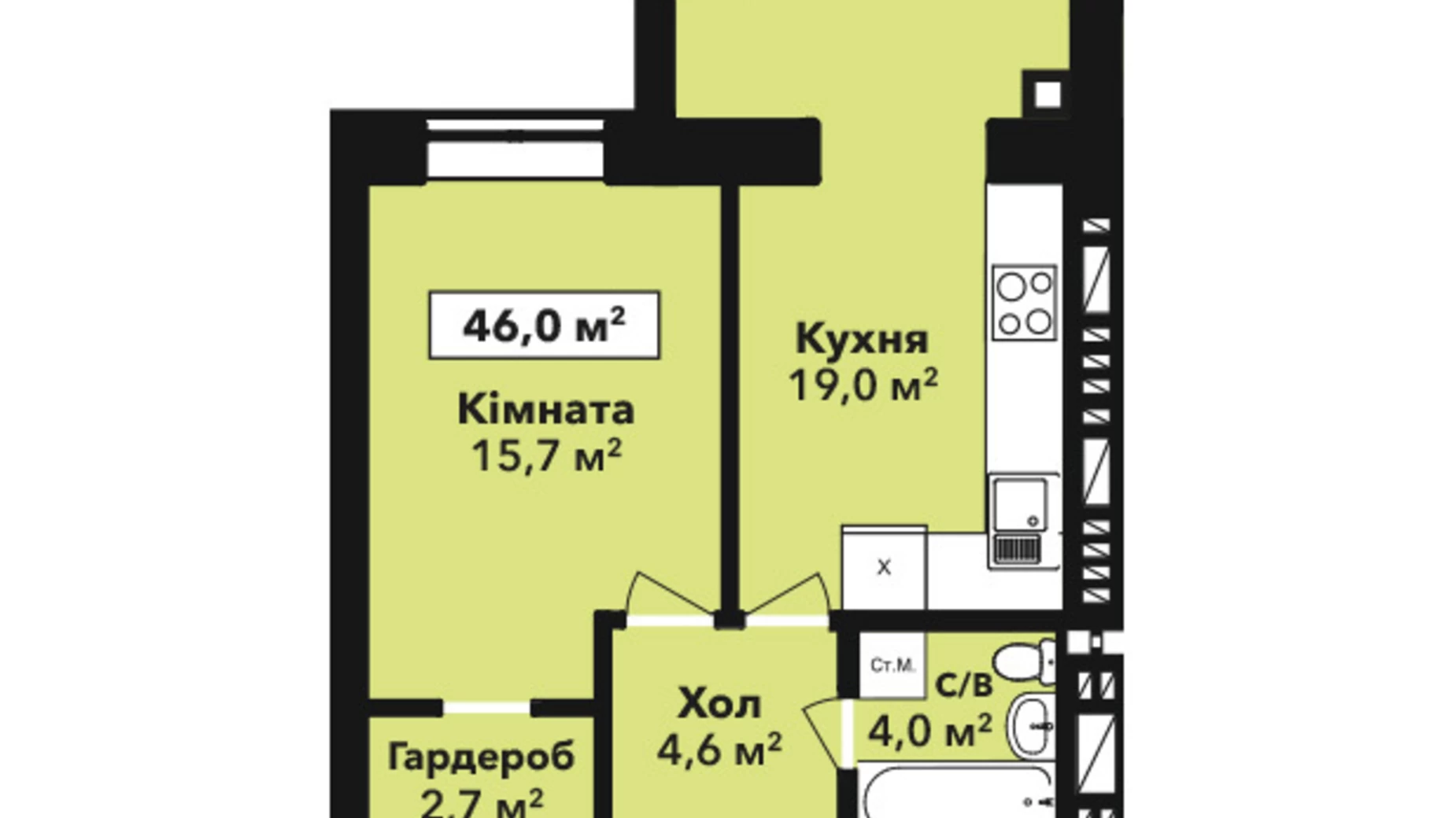 Продається 1-кімнатна квартира 45.6 кв. м у Хмельницькому, вул. Довженка, 4