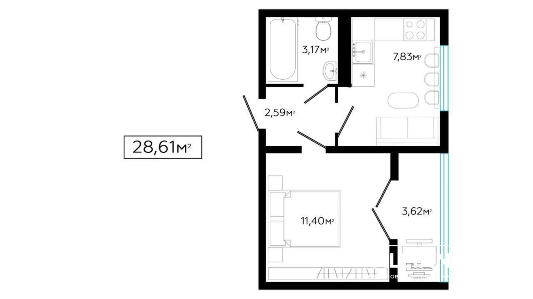 Продается 1-комнатная квартира 29 кв. м в Ивано-Франковске