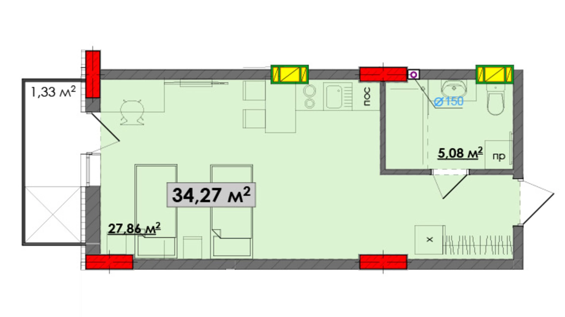 Продається 1-кімнатна квартира 34.27 кв. м у Яремчі, вул. Свободи, 251А