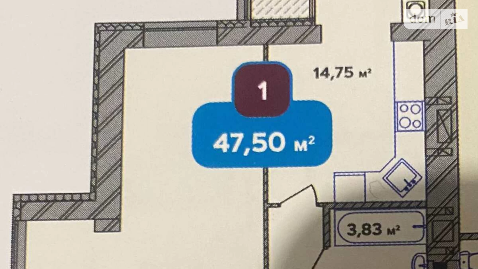Продається 1-кімнатна квартира 47.5 кв. м у Хмельницькому