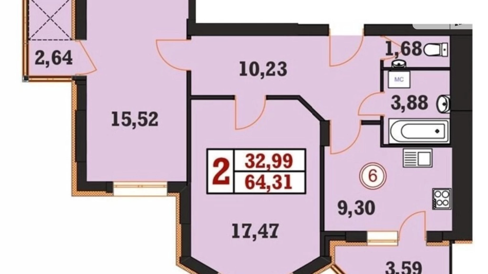 Продається 2-кімнатна квартира 64.31 кв. м у Хмельницькому, вул. Панаса Мирного