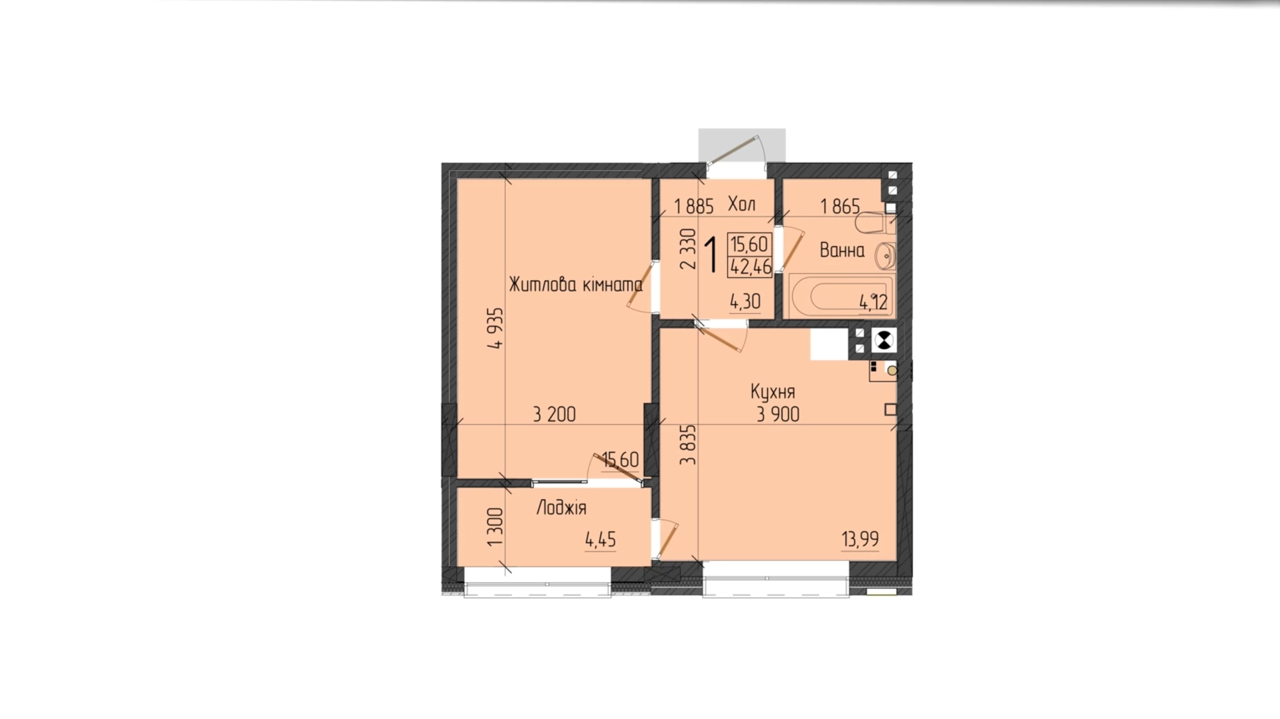 Продается 1-комнатная квартира 42.46 кв. м в Черновцах, просп. Независимости, 137А - фото 5