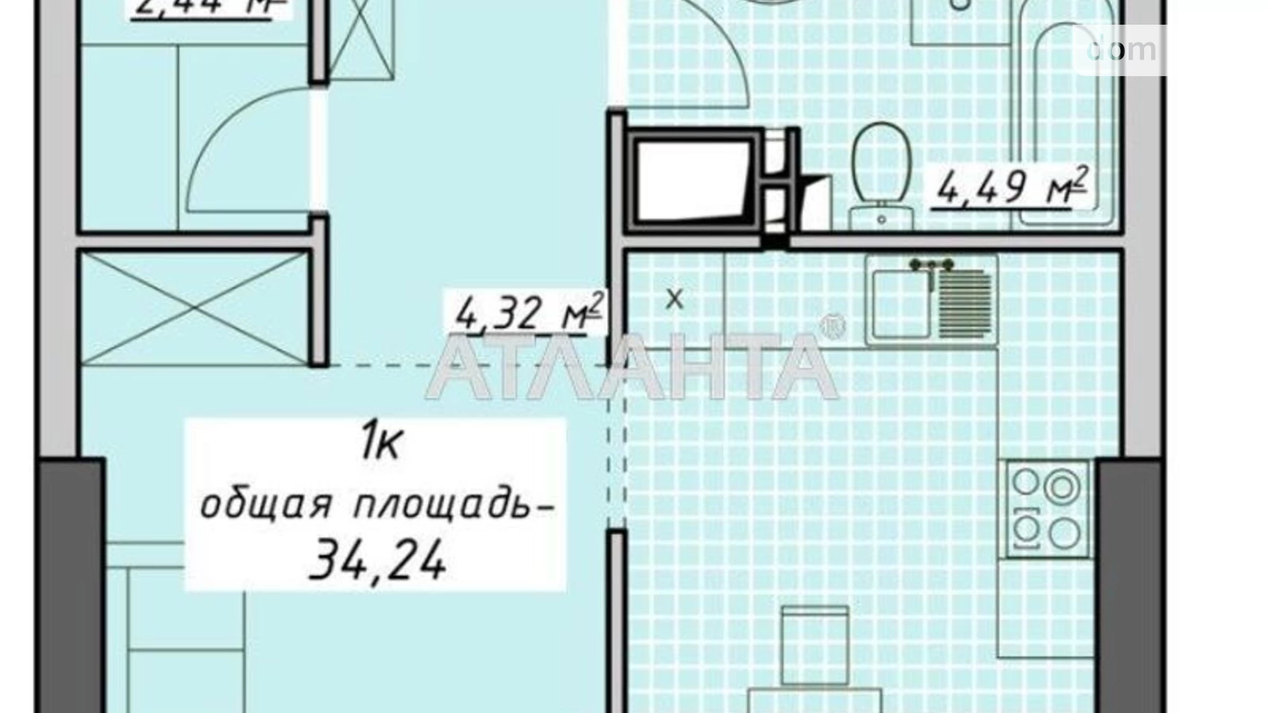 Продається 1-кімнатна квартира 34.47 кв. м у Одесі, пров. Курортний