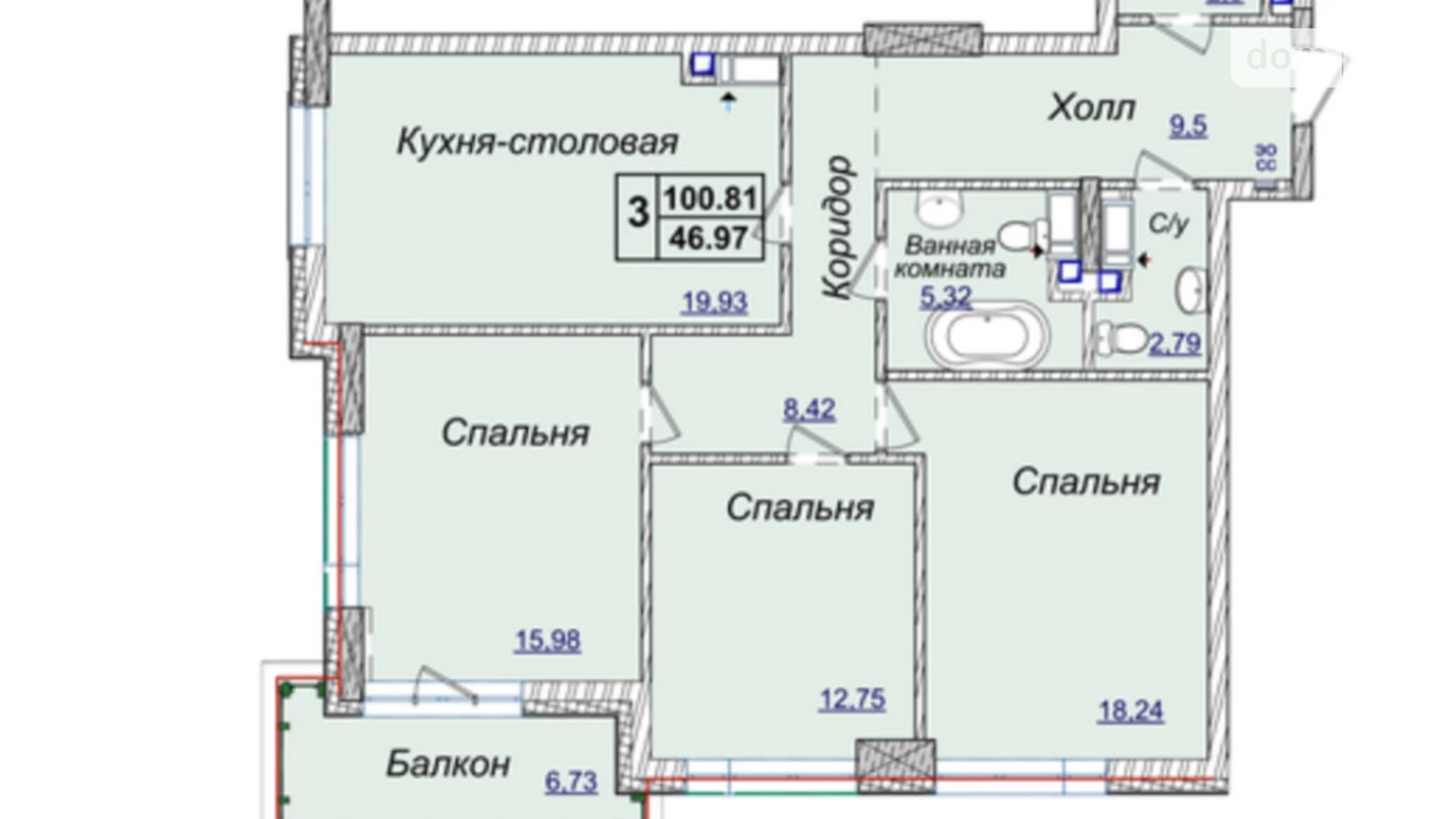 Продається 3-кімнатна квартира 100.81 кв. м у Києві, вул. Андрія Верхогляда(Драгомирова), 19А