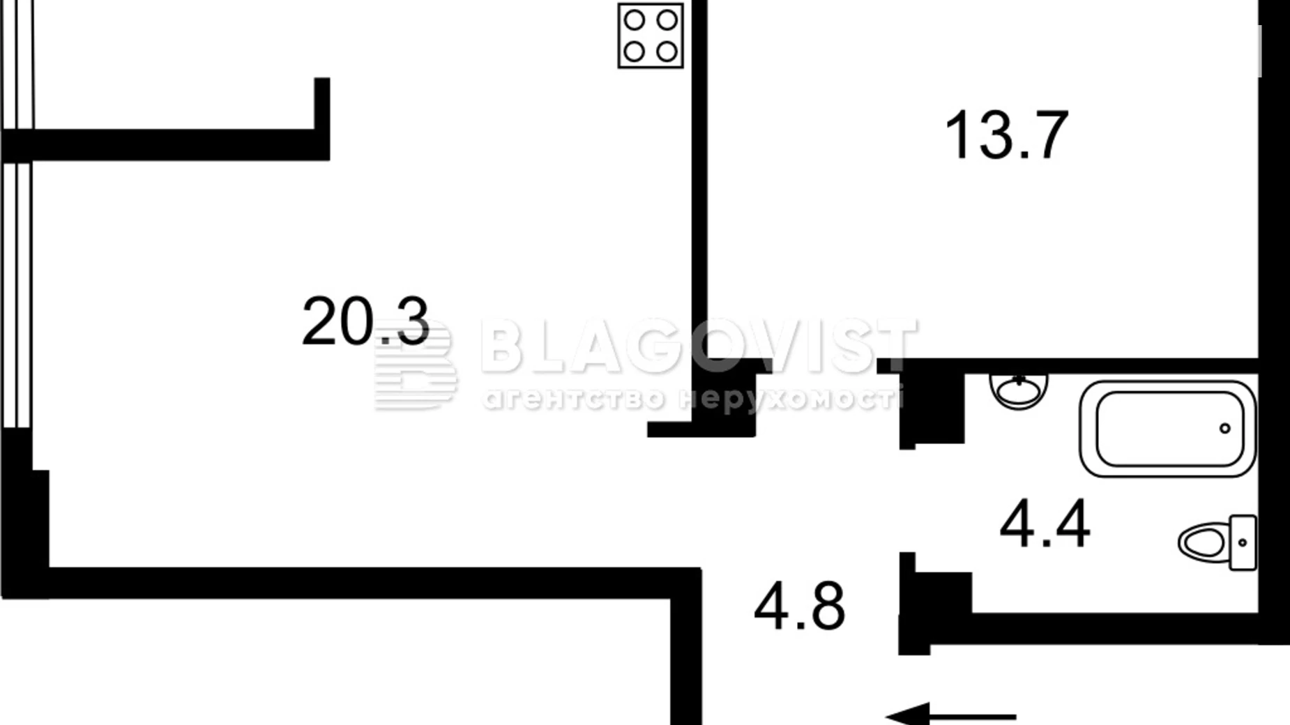 Продается 1-комнатная квартира 46.3 кв. м в Киеве, бул. Тадея Рыльского, 4