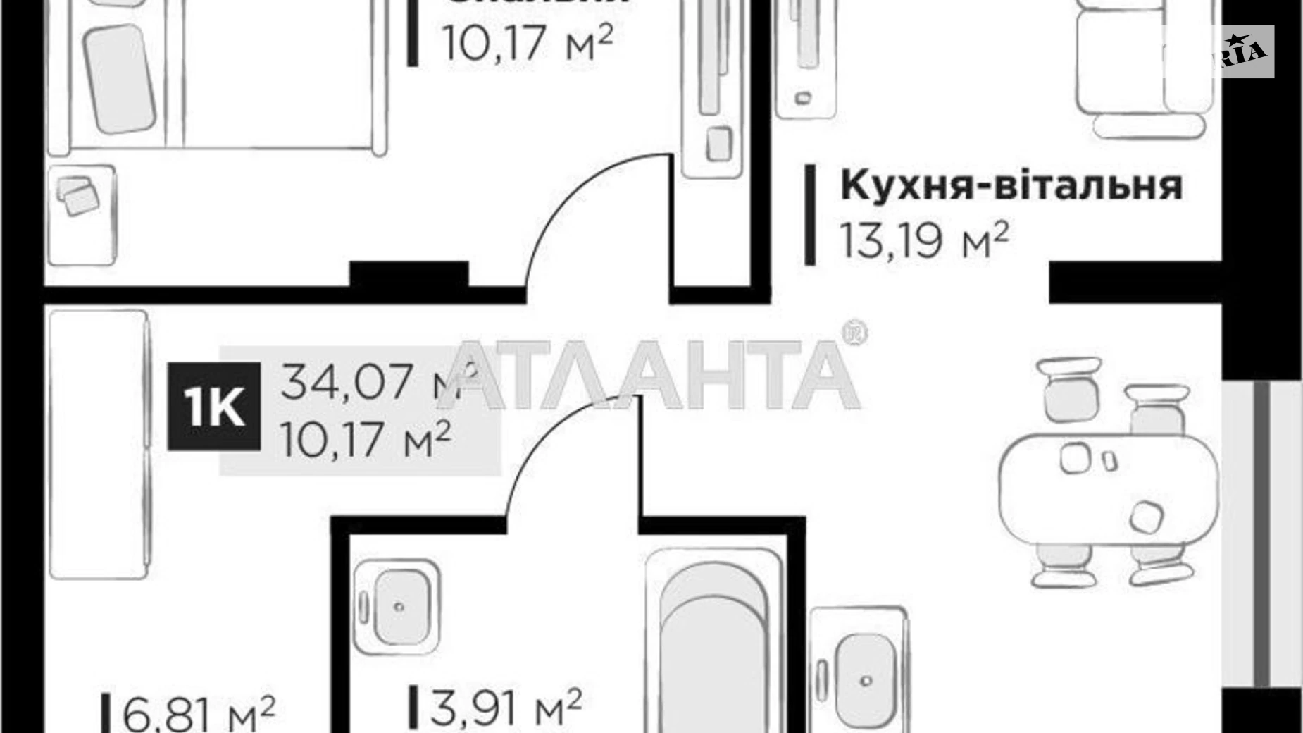 Продается 1-комнатная квартира 34.07 кв. м в Львове, ул. Филиппа Орлика