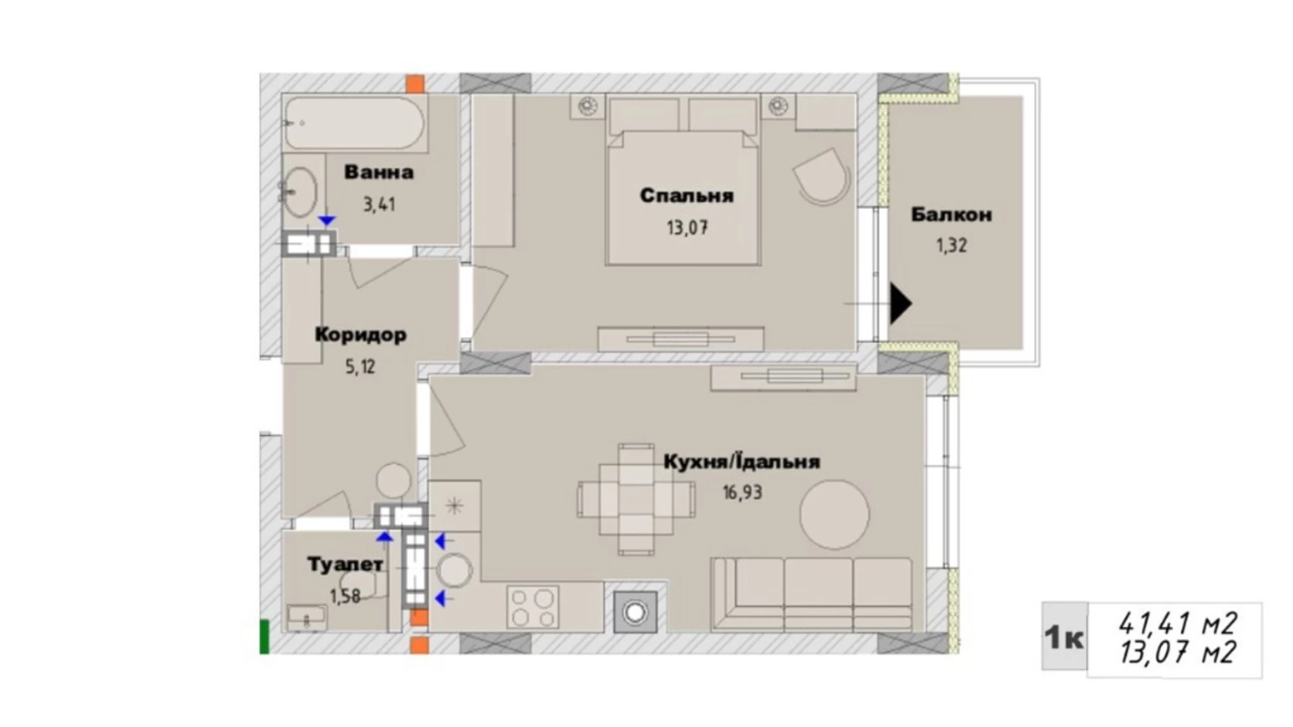 Продается 1-комнатная квартира 41.41 кв. м в Городке