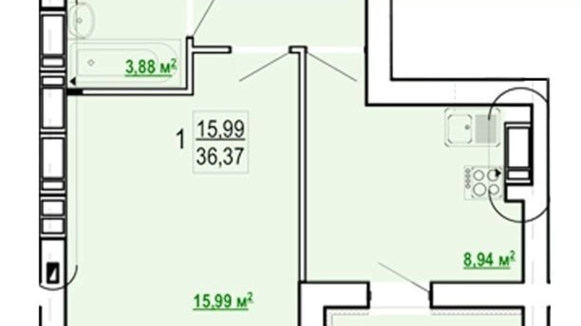 Продається 1-кімнатна квартира 36.37 кв. м у Харкові, вул. Борткевича, 15