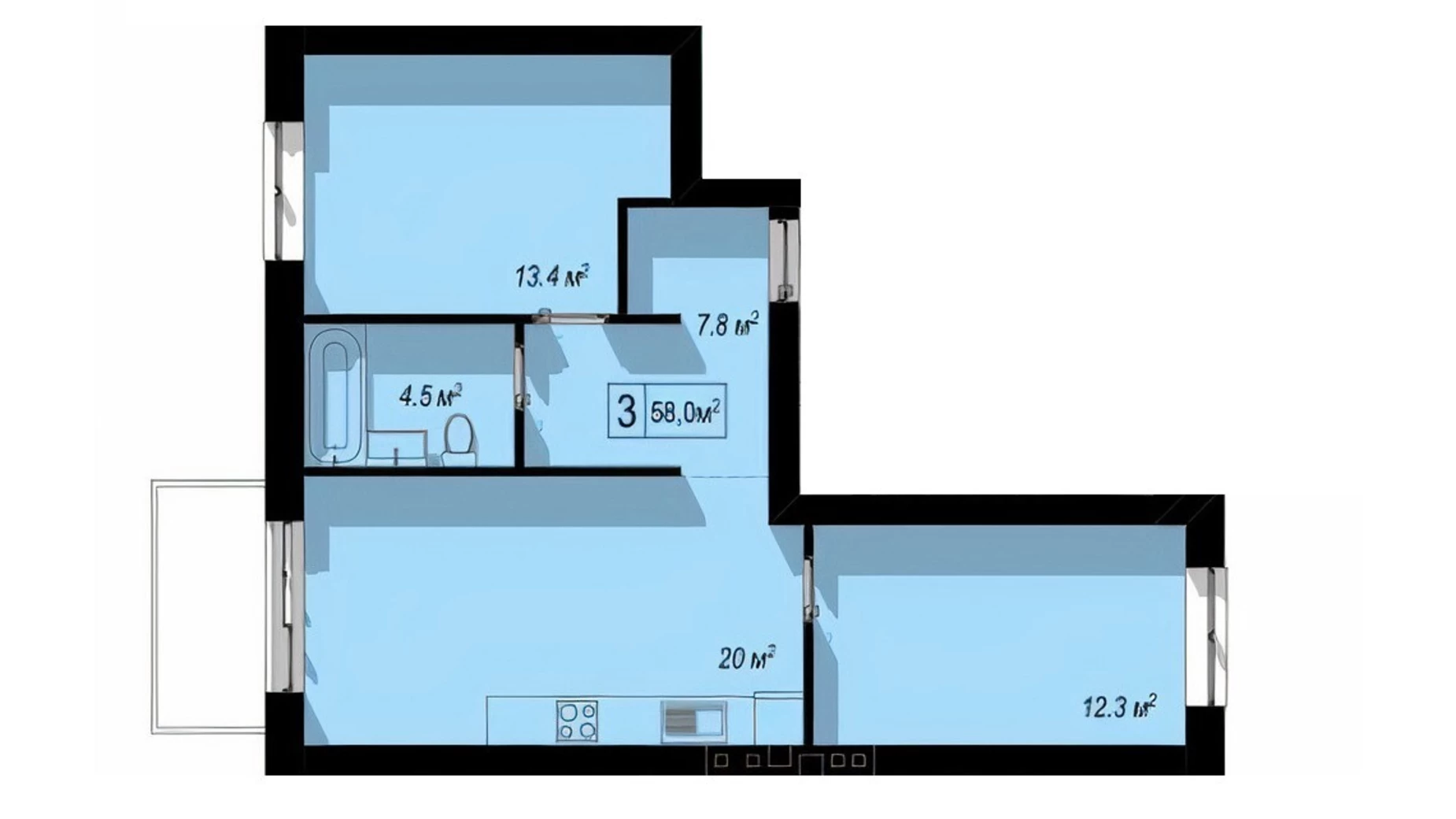 2-комнатная квартира 58.01 кв. м в Тернополе, ул. Обьездная, 14А