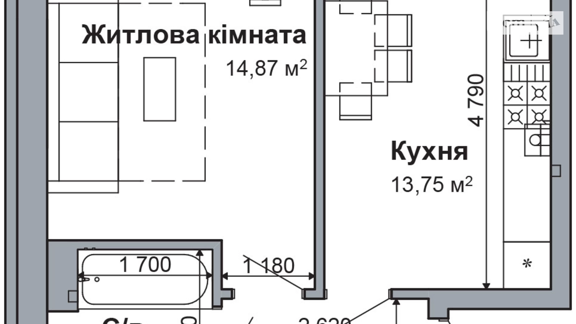 Продается 1-комнатная квартира 37.76 кв. м в Гатном, пер. Грушевского